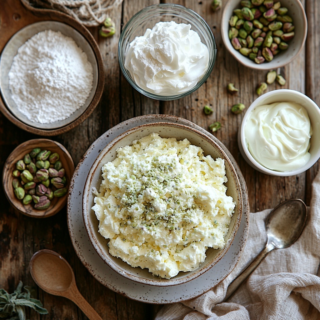 graham cracker crumbs in a small rustic bowl next to a glass bowl of melted unsalted butter, softened cream cheese on a white ceramic plate with a vintage silver butter knife, a bowl of fine powdered sugar with a small spoon, a dollop of fluffy whipped topping in a delicate glass dish, two unopened boxes of instant pistachio pudding mix with green and yellow packaging, a clear measuring cup filled with cold milk, a bowl of thickened pistachio pudding showing pale green creamy texture, a separate bowl with smooth whipped topping ready for spreading, a small white ramekin containing bright green chopped pistachios, all ingredients carefully arranged on a clean, neutral-toned wooden surface with soft natural light enhancing the creamy textures and vibrant pistachio green, subtle shadows adding depth, minimal rustic props like a linen napkin and a wooden spoon placed casually to balance the composition, overhead shot, top down view, flat lay photography, professional food styling --ar 1:1 --q 2 --s 750 --v 6.1