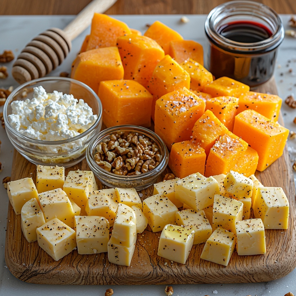 2 medium sweet potatoes thinly sliced with vibrant orange flesh and smooth skin, 2 cups diced butternut squash showing bright yellow-orange cubes, 2 medium carrots thinly sliced revealing deep orange rings, small glass bowl with golden olive oil glistening under soft light, scattered coarse salt crystals and cracked black peppercorns adding texture, 1 cup crumbled white feta cheese displaying crumbly, creamy texture, ½ cup chopped toasted walnuts with rich brown color and rough texture, small clear glass container filled with deep red cranberry juice, wooden spoon resting beside 2 tablespoons amber honey pooling slightly on a white ceramic dish, 1 tablespoon dark, glossy balsamic vinegar in a small ramekin, all ingredients carefully arranged on a clean white marble surface with natural light highlighting the vivid colors and contrasting textures, minimal shadows, some ingredients grouped in small clusters and others spread evenly to create visual balance and harmony, subtle props like linen napkin edge peeking in frame, overall composition bright and fresh with a focus on natural beauty of autumnal produce, overhead shot, top down view, flat lay photography, professional food styling --ar 1:1 --q 2 --s 750 --v 6.1