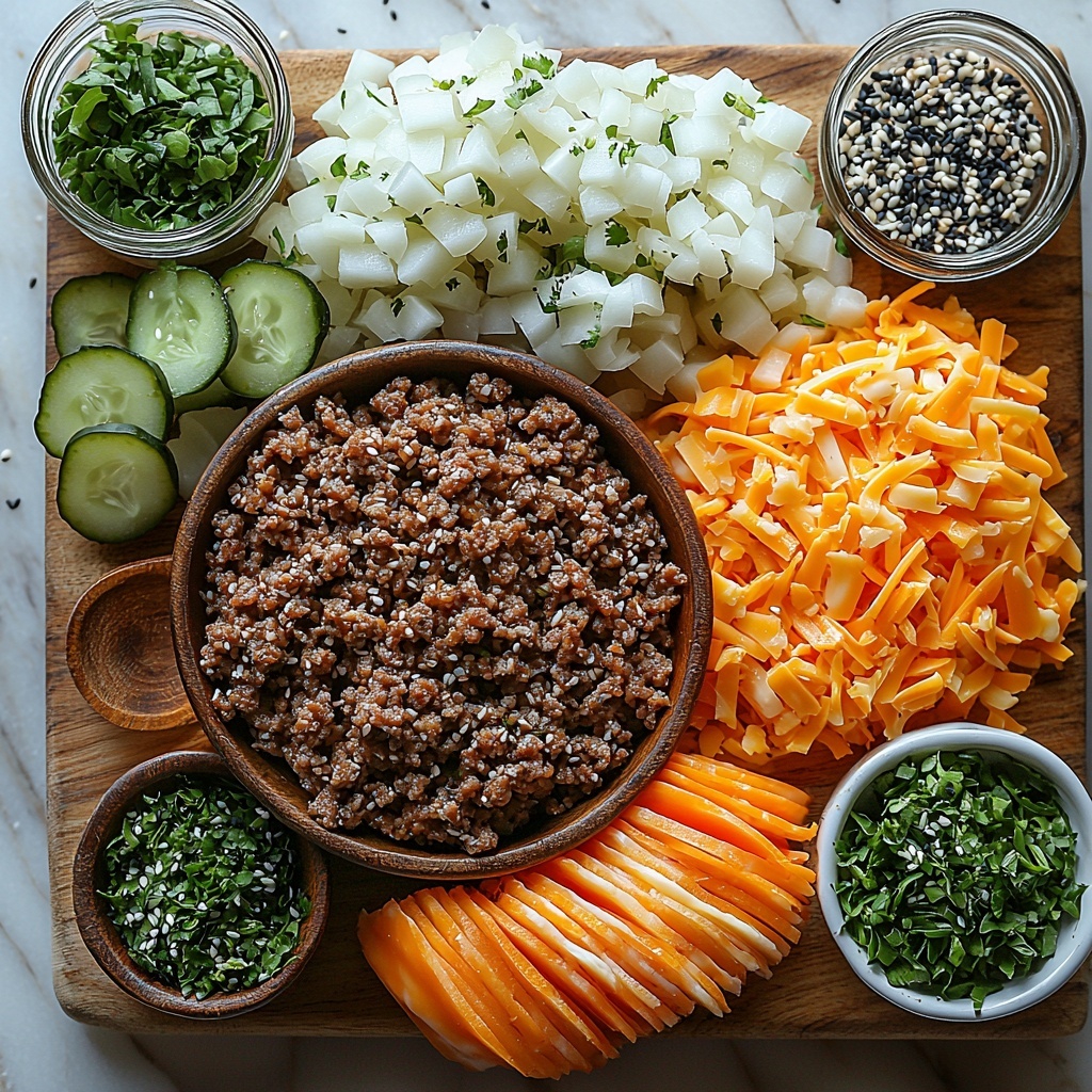 ground beef in a small rustic bowl with rich, browned texture, finely chopped white onion scattered nearby, small wooden spoon with garlic powder and onion powder powders in tiny white ceramic dishes, coarse salt and cracked black peppercorns in glass bowls, 8 translucent rice paper wraps gently stacked in a neat circle, bright orange slices of low-fat cheddar cheese fanned out on a light wooden board, crisp shredded green lettuce piled loosely showing vibrant fresh textures, thinly sliced pickle rounds arranged in a small white dish with glossy sheen, small bowl of black and white sesame seeds for garnish, all ingredients meticulously spaced and balanced on a clean white marble surface with soft natural lighting, emphasis on fresh colors and contrasting textures, styled with minimal rustic props for a modern, inviting look, overhead shot, top down view, flat lay photography, professional food styling --ar 1:1 --q 2 --s 750 --v 6.1