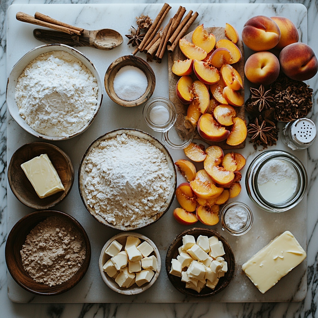 A beautifully styled flat lay of baking ingredients for spiced peach cobbler cinnamon rolls arranged neatly on a clean white marble surface. Include a mound of 3 1/2 cups all-purpose flour with a small wooden scoop resting atop, a small glass bowl of granulated sugar next to it, and a pinch of salt displayed in a delicate white ceramic spoon. Nearby, a small pile of active dry yeast granules beside a warm glass cup of milk emitting subtle steam, and a small bowl of melted golden butter with a brushed butter knife. Place a single large brown egg cracked open on a white ramekin. Highlight fresh, juicy peeled and diced peach chunks in a rustic ceramic bowl alongside a small heap of rich brown sugar, a cinnamon stick bundle tied with twine, and a small dish of warm cinnamon powder and a pinch of nutmeg. A block of soft cream cheese on a wooden cutting board partially sliced, a small bowl of powdered sugar with a delicate sifter, a glass bottle of vanilla extract with a small wooden dipper nearby, and a small measuring cup with cream or milk complete the composition. Use natural light casting soft shadows to emphasize the textures: fluffy flour, crystalline sugars, creamy butter and cheese, and vibrant orange peaches. Arrange elements with space and balance, styled with minimal linen cloth edges peeking in for warmth. Overhead shot, top down view, flat lay photography, professional food styling --ar 1:1 --q 2 --s 750 --v 6.1