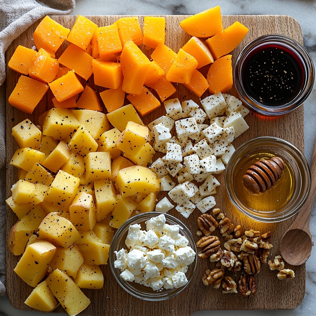 medium sweet potatoes thinly sliced showing vibrant orange flesh, diced butternut squash cubes bright golden yellow, thinly sliced carrots in soft orange hues, small glass bowl of rich golden olive oil, rustic salt and black pepper in small ceramic dishes, crumbly white feta cheese piled loosely, chopped toasted walnuts with warm brown tones scattered artistically, small clear glass vessel of deep ruby cranberry juice, honey in a small jar shimmering golden amber, glossy dark balsamic vinegar in a petite bottle; all ingredients meticulously arranged on a clean white marble surface with subtle natural light casting soft shadows, textured linen napkin folded neatly nearby, wooden spoon and elegant small knife placed casually to evoke a cozy kitchen vibe, emphasis on vibrant autumnal colors and contrasting textures, crisp focus highlighting freshness and detail, minimalistic styling with balanced negative space, overhead shot, top down view, flat lay photography, professional food styling --ar 1:1 --q 2 --s 750 --v 6.1