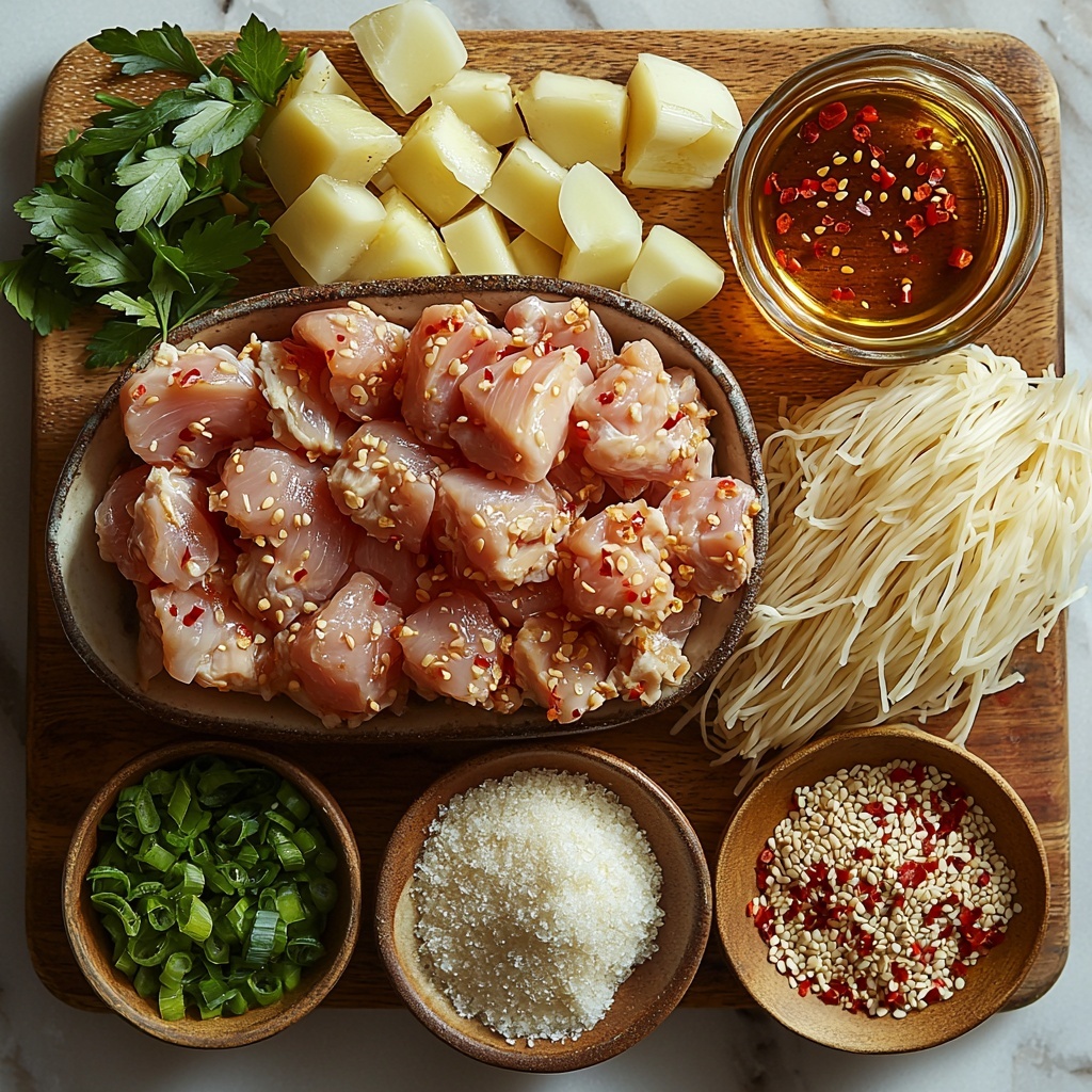 A clean white marble surface featuring a flat lay arrangement of ingredients for sticky garlic chicken noodles: raw bite-sized chicken pieces in a small rustic ceramic bowl showcasing their pale pink texture; a small glass bowl of glossy dark soy sauce next to a spoonful of amber honey glistening under soft light; minced garlic cloves finely chopped on a natural wooden board, paired with a small heap of pale beige grated ginger; a tiny dish holding vibrant red chili flakes adding a pop of color; a shallow dish containing smooth white cornstarch powder; a small pool of golden vegetable oil in a clear glass bowl reflecting light; neatly coiled uncooked pale yellow rice noodles or egg noodles arranged beside the ingredients; freshly chopped bright green scallions scattered along one side; a tiny dish with glossy toasted sesame seeds adding a subtle sheen. The composition is balanced with natural textures—wood, ceramic, glass—contrasted by the smoothness of sauces and powders. Soft natural daylight enhances the colors and creates gentle shadows, emphasizing freshness and inviting warmth. overhead shot, top down view, flat lay photography, professional food styling --ar 1:1 --q 2 --s 750 --v 6.1