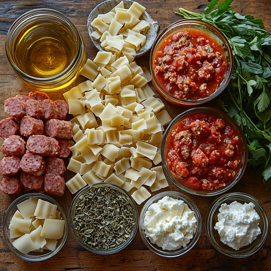 A clean, light wooden surface with an artful flat lay arrangement of ingredients for gluten-free, dairy-free lasagna soup: a small glass bowl of golden olive oil with a glossy sheen; raw ground beef and Italian sausage (mild links, casings removed) shown as rich, marbled red and pink meat portions; a small white bowl of finely diced translucent onion; a tiny ramekin filled with minced garlic cloves, bright and fresh; a clear jar with vivid red diced tomatoes, looking juicy and chunky; a rustic ceramic bowl of deep red marinara sauce with rich texture; a large glass measuring cup containing clear golden chicken broth; an elegant spoon artfully holding Italian seasoning herbs with green and brown flecks; a small pinch bowl of fine white salt; a single dried bay leaf with olive green color and intricate veins; broken pieces of pale beige gluten-free lasagna noodles, some overlapping; a dollop of creamy, smooth almond milk ricotta cheese displayed on a small rustic dish; a sprig of fresh parsley with bright green leaves adding a pop of color. Natural soft daylight highlights textures and freshness, subtle shadows add depth, composition balanced with negative space for breathing room, clean and modern aesthetic, overhead shot, top down view, flat lay photography, professional food styling --ar 1:1 --q 2 --s 750 --v 6.1