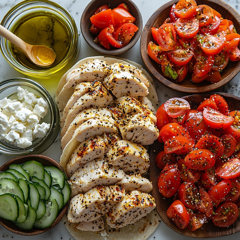 2 large boneless skinless chicken breasts raw and sliced, small bowls of olive oil and minced garlic, dried oregano and paprika sprinkled in small ceramic spoons, salt and black pepper in tiny dishes, 4 large flour tortillas stacked neatly, a bowl of vibrant roasted red peppers, a small bowl of creamy plain Greek yogurt, olive oil and fresh lemon juice in glass measuring cups, a peeled small garlic clove, fresh shredded green lettuce leaves, thin slices of cucumber arranged fan-like, bright red halved cherry tomatoes, thinly sliced red onion rings scattered artfully, a small bowl of crumbly white feta cheese, all ingredients carefully spaced on a clean white marble surface, natural soft lighting highlighting textures and fresh colors, shadows adding depth and contrast, minimal props for a clean modern look, slight rustic elements like a linen napkin and wooden spoons, overhead shot, top down view, flat lay photography, professional food styling --ar 1:1 --q 2 --s 750 --v 6.1