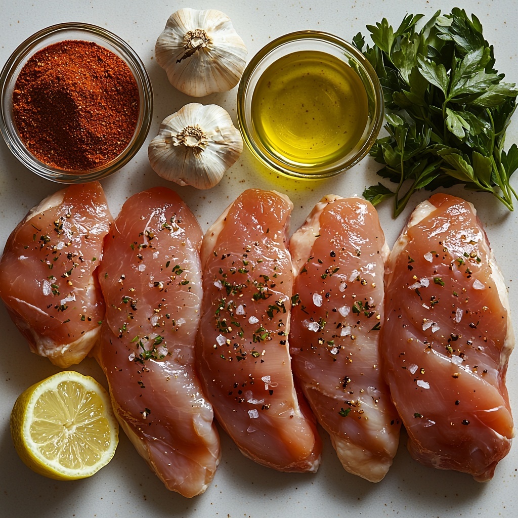 A clean, bright kitchen surface with all the main ingredients for Melt-In-Your-Mouth Chicken Breast arranged neatly for flat lay photography: four raw boneless, skinless chicken breasts laid out side by side showing their smooth pale pink texture; a small glass bowl of golden olive oil catching light, nearby a clear bowl with freshly squeezed lemon juice glowing soft yellow; two cloves of garlic, one whole and one minced, scattered close by showing their papery white skins and finely chopped texture; a small wooden spoon heaped with deep red paprika powder; a vintage teaspoon filled with dried thyme, displaying delicate green flakes; a small pinch bowl containing coarse salt and whole black peppercorns, slightly spilled for texture; and a bunch of freshly chopped bright green parsley leaves scattered artfully as garnish. The ingredients are spaced evenly on a crisp white background, natural window light casting soft shadows to highlight the contrasting colors and textures. The overall composition is clean, fresh, and inviting, styled with minimal rustic props like a linen napkin folded off to the side. overhead shot, top down view, flat lay photography, professional food styling --ar 1:1 --q 2 --s 750 --v 6.1