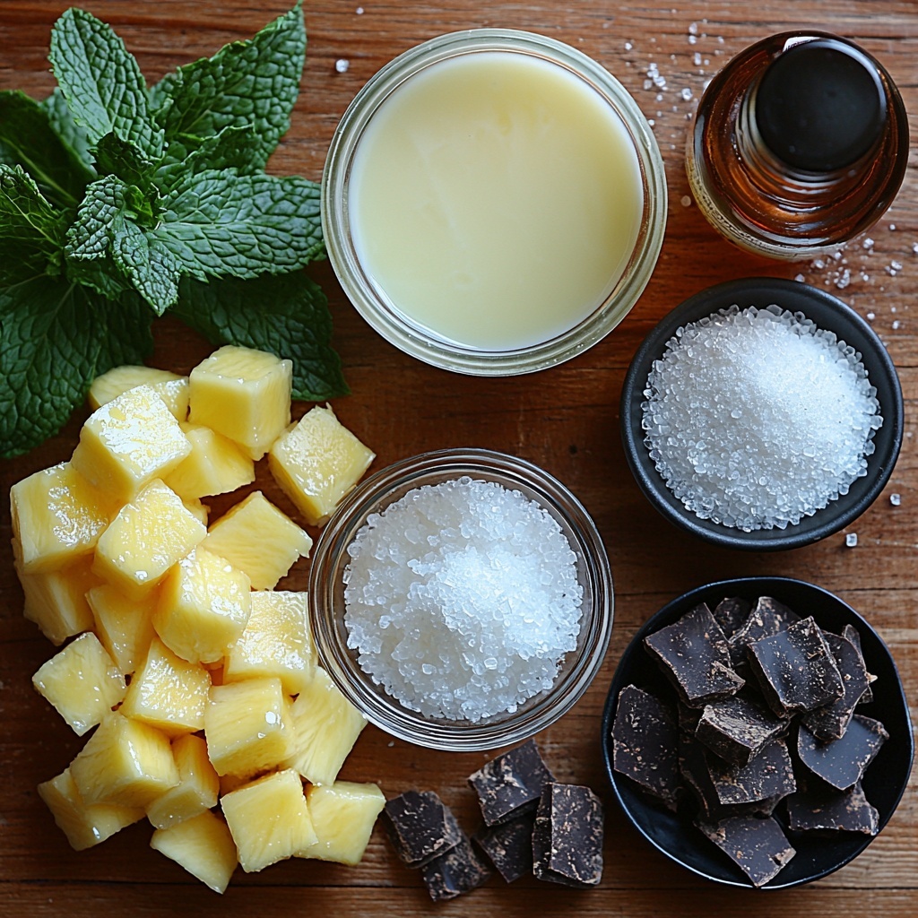 Full-fat coconut milk can with smooth, creamy white texture spilling slightly into a small glass bowl; granulated sugar crystals in a small clear dish catching the light; a tiny glass bowl with translucent powdered gelatin; a small bowl of cold water with gelatin blooming softly; a bottle of vanilla extract with amber liquid inside; a small white ramekin filled with vibrant golden diced mango chunks; a matching ramekin with bright green chopped kiwi pieces showing their juicy texture; dark chocolate cookie crumbs scattered artistically on a matte black dish; fresh glossy mint leaves with rich green color arranged delicately nearby. All ingredients neatly spaced on a clean, pale wooden surface to enhance natural colors and textures, with soft natural light casting gentle shadows for depth and warmth. Overhead shot, top down view, flat lay photography, professional food styling --ar 1:1 --q 2 --s 750 --v 6.1
