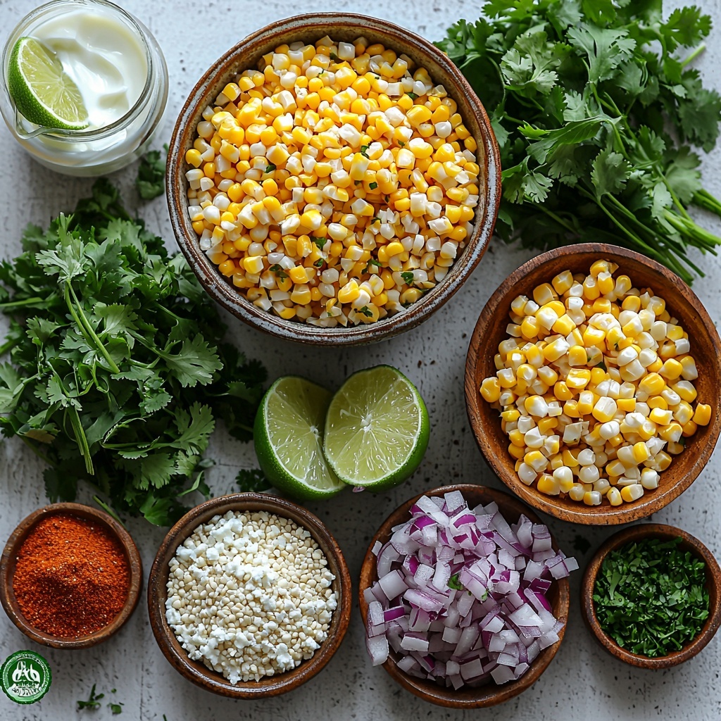 Quinoa (uncooked) in a small rustic bowl, two cups of water in a clear glass measuring cup, bright yellow corn kernels (fresh and lightly charred), finely diced vibrant red onion, crumbled white cotija cheese in a small bowl, fresh green chopped cilantro scattered loosely, a halved lime with juice droplets visible, creamy off-white Greek yogurt in a small ceramic bowl, tiny bowls with chili powder and paprika showing deep reds and warm earthy tones, coarse salt and black pepper in miniature dishes, all arranged neatly on a clean white textured surface with natural daylight casting soft shadows, pops of contrasting colors and textures highlighting the freshness and earthiness of each ingredient, minimalistic and tidy layout with slight overlaps for organic flow, subtle rustic props like wooden spoons and linen napkin at edges for warmth, overhead shot, top down view, flat lay photography, professional food styling --ar 1:1 --q 2 --s 750 --v 6.1