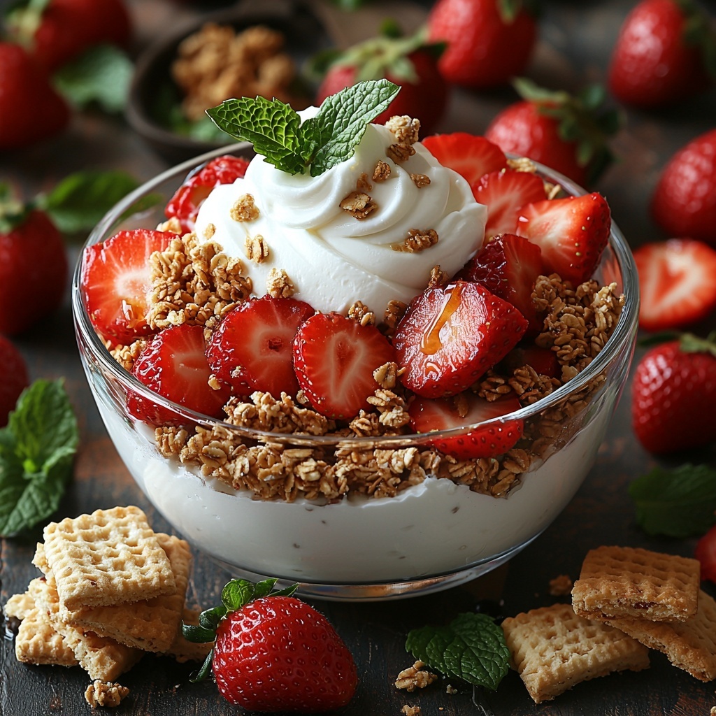 Strawberries sliced vibrant red with green leaves intact, creamy white Greek yogurt in a clear glass bowl, small drizzle of golden honey or amber maple syrup in a tiny rustic dish, scattered crushed vanilla wafers and shortbread cookies with crumbly beige textures, a dollop of fluffy white whipped cream or a small pile of crunchy golden vanilla granola next to the bowl. All ingredients artfully arranged on a clean, light wooden surface with soft natural daylight, gentle shadows enhancing textures, fresh and inviting color contrasts, minimal props to keep focus on ingredients, delicate sprigs of mint for a subtle pop of green, overhead shot, top down view, flat lay photography, professional food styling --ar 1:1 --q 2 --s 750 --v 6.1