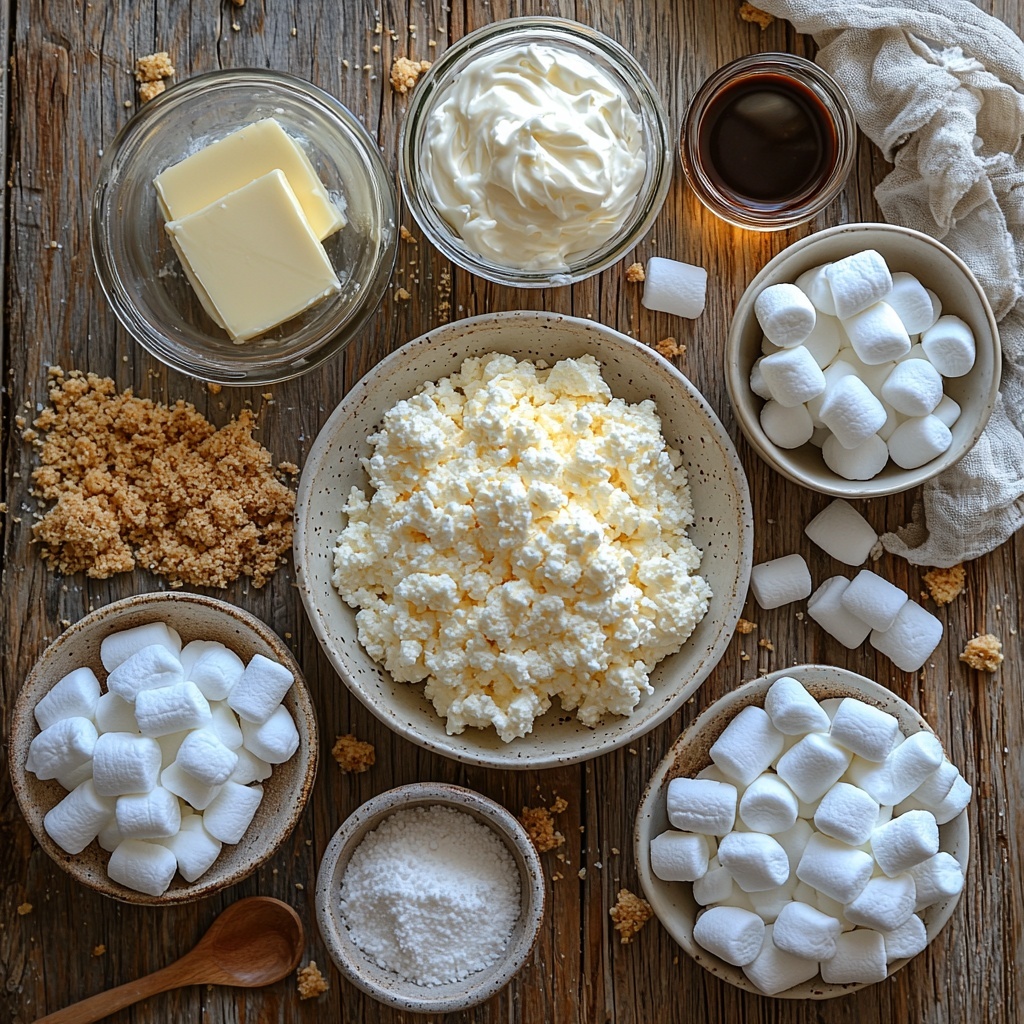 A clean, light wood surface neatly arranged with the main ingredients for marshmallow cream cheesecake: a small bowl of golden graham cracker crumbs with a sprinkle of crumbs spilled around, a clear glass measuring cup filled with melted butter showing warm amber tones, a small white bowl with fine granulated sugar sparkling softly, a block of smooth, creamy white softened cream cheese on a ceramic plate, a glass jar of fluffy marshmallow creme with soft, pillowy texture visible, a small bowl of heavy whipping cream with soft peaks, a tiny glass bowl holding clear vanilla extract, an elegant bowl with mini white marshmallows showcasing their soft, pillowy texture, a small pile of additional graham cracker crumbs scattered artistically, and a small dish with dark melted chocolate drizzle glistening under soft, natural light. All elements arranged with balanced spacing to highlight varying textures and neutral, warm tones, complemented by minimal props — a wooden spoon, and a light linen napkin partially in frame. The composition emphasizes softness, creaminess, and the inviting, cozy feel of a homemade dessert. Overhead shot, top down view, flat lay photography, professional food styling --ar 1:1 --q 2 --s 750 --v 6.1