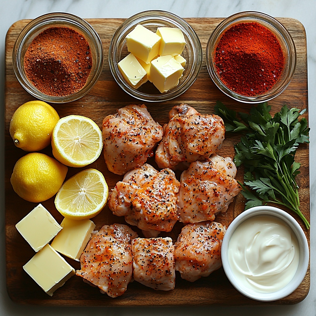 boneless skinless chicken thighs raw and seasoned with salt and pepper, small glass bowl of golden olive oil, melting cubes and slices of salted butter on a rustic wooden board, minced garlic cloves neatly piled on a white ceramic spoon, vibrant reddish-brown smoked paprika and bright red cayenne pepper powders in small white ramekins, smooth Dijon mustard dollop on a vintage silver spoon, fresh yellow lemon zest curls alongside halved lemons showing juicy pulp, small glass bowl of fresh lemon juice with droplets glistening, clear glass measuring cup filled halfway with golden chicken broth, creamy off-white heavy cream in a small porcelain jug, finely chopped fresh green parsley scattered in a tiny white bowl, coarse sea salt crystals and cracked black peppercorns in tiny wooden scoops arranged aesthetically, all ingredients spaced evenly and artistically on a clean light marble surface with natural soft daylight casting gentle shadows, the composition emphasizing contrasting textures and rich colors, overhead shot, top down view, flat lay photography, professional food styling --ar 1:1 --q 2 --s 750 --v 6.1
