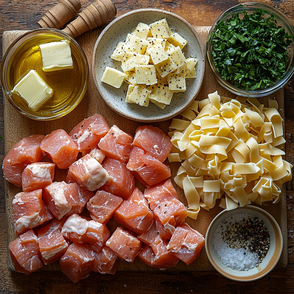 A clean, light wooden surface with all the main ingredients for creamy chicken garlic parmesan pasta neatly arranged in an elegant flat lay: bite-sized pieces of raw boneless, skinless chicken breasts or thighs in a small rustic bowl showing their pale pink color and smooth texture; a small glass bowl of golden olive oil glistening under soft light; a pat of creamy butter on a white ceramic dish with a slight sheen; four cloves of fresh garlic, peeled and minced finely, scattered near a wooden garlic press; a small white ramekin filled with thick, rich heavy cream; a heap of freshly grated pale yellow Parmesan cheese with fine, fluffy texture on crinkled parchment paper; a small bowl of mixed Italian seasoning herbs showcasing green and earth tones; coarse salt crystals and black peppercorns in tiny glass dishes; uncooked fettuccine pasta nest, pale golden strands neatly coiled; and a small glass bowl with vibrant chopped fresh parsley leaves. The ingredients are spaced harmoniously with subtle shadows and a soft, natural light highlighting the varied textures and fresh colors. The scene feels inviting and crisp, styled for a professional food photography shoot, emphasizing clean lines and rustic elegance. overhead shot, top down view, flat lay photography, professional food styling --ar 1:1 --q 2 --s 750 --v 6.1