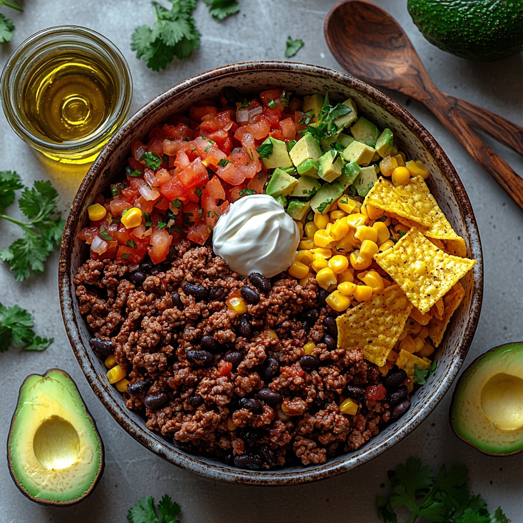 ground beef in a rustic small bowl, diced yellow onion finely chopped in a neat pile, two cloves of garlic minced with a wooden spoon nearby, a bright packet of taco seasoning or jar labeled homemade seasoning, small glass of water half filled, drained and rinsed black beans glossy and dark in a white ceramic bowl, vibrant yellow corn kernels in a small dish, diced tomatoes with green chilies spilling slightly out of an open can, shredded cheddar cheese bright orange piled generously, a small bottle of golden olive oil with a drizzle on a spoon, fresh green chopped cilantro scattered artfully, creamy white dollops of sour cream in a ramekin, ripe avocado halves showing creamy green flesh, crunchy golden tortilla chips fanned out on a clean white surface, all ingredients arranged symmetrically but organically with natural light casting soft shadows, textures contrasting from smooth to coarse, colors ranging from rich browns, bright yellows and reds, fresh greens and creamy whites, minimal rustic props like wooden spoons and linen napkins nearby, overhead shot, top down view, flat lay photography, professional food styling --ar 1:1 --q 2 --s 750 --v 6.1