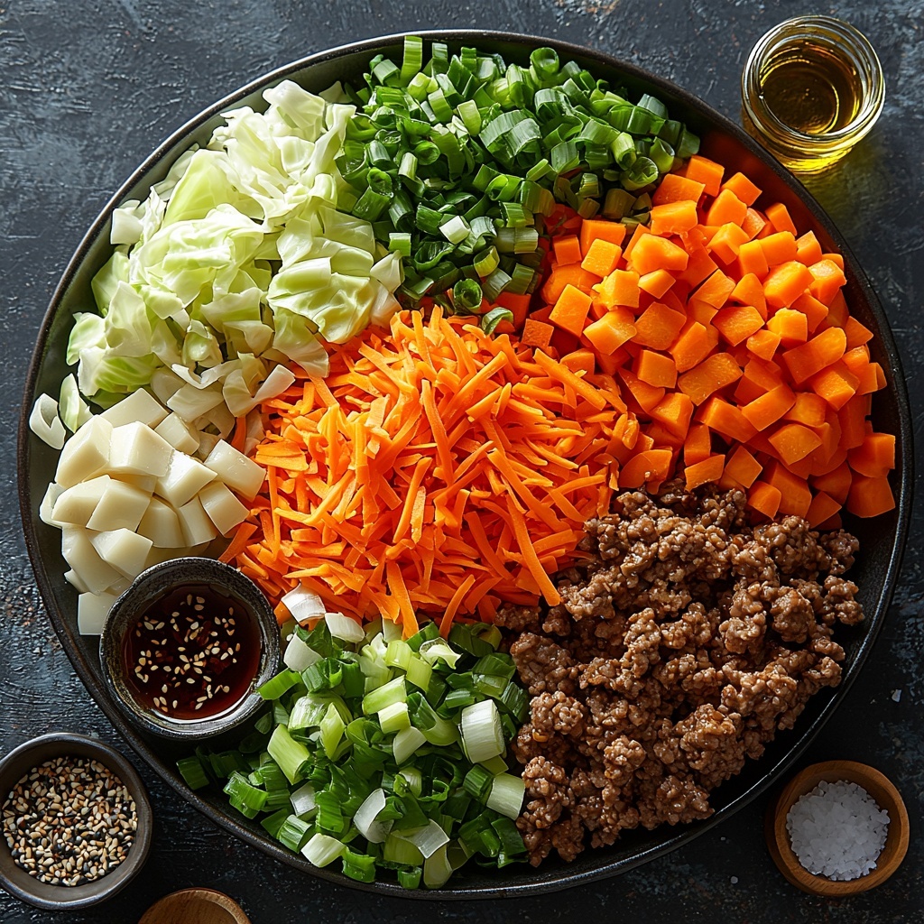 1 lb ground beef, 4 cups shredded green cabbage, 1 cup shredded orange carrots, 4 sliced green onions, 3 cloves minced garlic, 1 inch minced ginger, small bowls of light brown soy sauce and dark amber sesame oil, rustic measuring spoons with salt and black pepper, clear glass container of golden chicken or vegetable broth, all ingredients carefully spread out and neatly arranged on a clean, matte white surface; vibrant and fresh colors with natural textures highlighted—the fibrous cabbage and carrots, glossy raw ground beef, finely minced garlic and ginger, crisp green onion slices; subtle shadows for depth, minimalist style with soft natural lighting emphasizing freshness and contrast, slight overhead angle to showcase variety and detail, overhead shot, top down view, flat lay photography, professional food styling --ar 1:1 --q 2 --s 750 --v 6.1