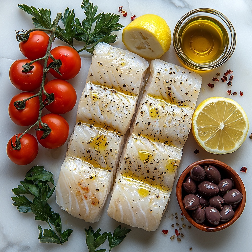 Cod fillets, glistening with a slight sheen of olive oil, laid out neatly on a clean white marble surface; vibrant halved cherry tomatoes scattered around in clusters showcasing their bright red and orange hues; dark purple sliced Kalamata olives placed in small piles nearby; small heaps of greenish-gray capers adding texture contrast; three garlic cloves, minced finely, arranged in a small rustic bowl; a small glass dish of golden olive oil catching the light; sprigs and a small pile of freshly chopped bright green parsley adding freshness; dried oregano sprinkled lightly in a tiny ceramic spoon; crushed red pepper flakes in a tiny red bowl for subtle color pop; freshly cut lemon wedges with vibrant yellow peel and juicy, translucent flesh positioned artfully to one side; overall arrangement balanced and harmonious with a Mediterranean vibe, natural soft daylight illuminating the scene, slight shadows adding depth, matte and glossy textures mixed to enhance freshness and appeal, clean and minimalistic styling with props kept to a minimum to focus entirely on the ingredients, overhead shot, top down view, flat lay photography, professional food styling --ar 1:1 --q 2 --s 750 --v 6.1