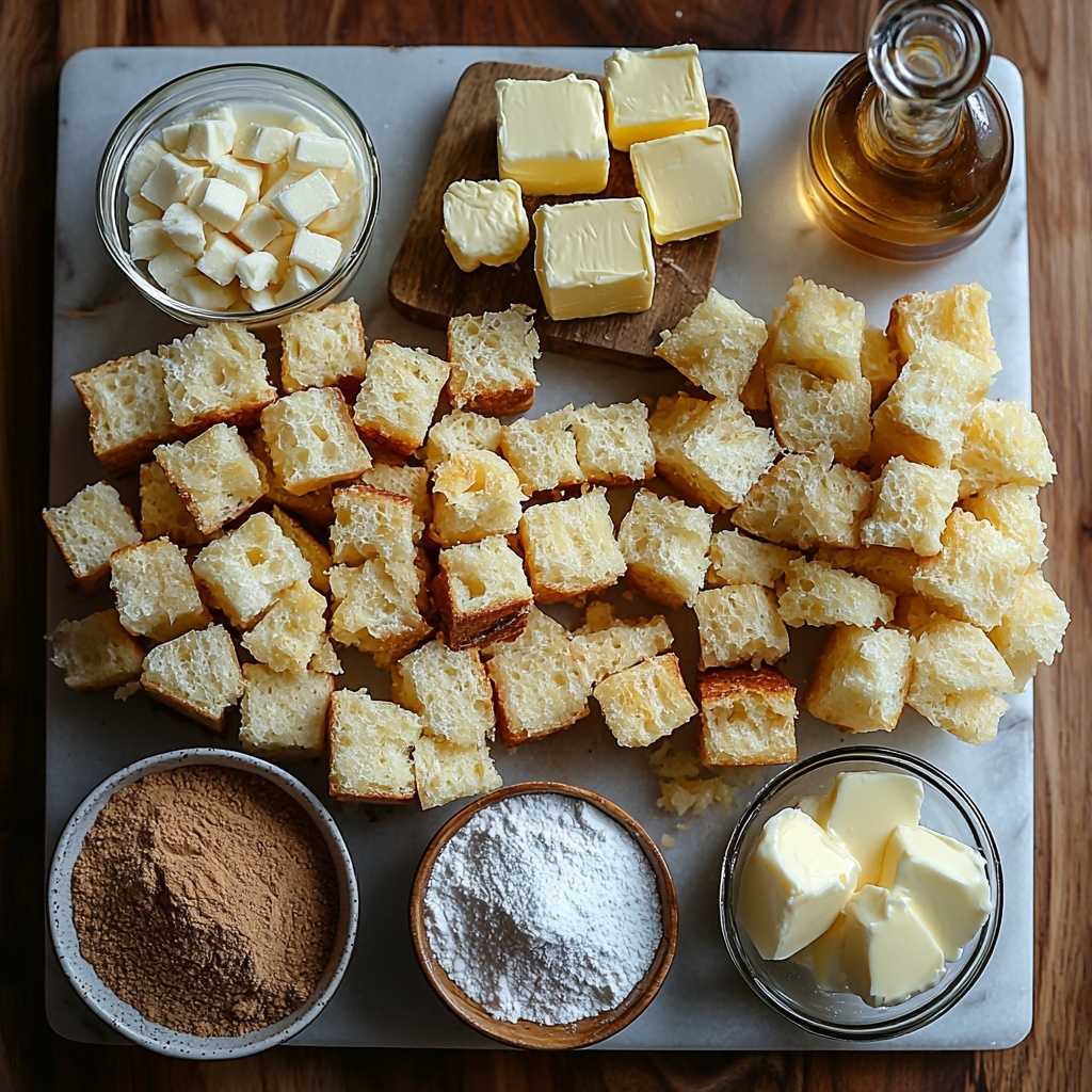 bread pudding ingredients arranged neatly on a clean white marble surface: golden 2-inch cubes of brioche and challah bread piled loosely, a glass measuring cup of creamy whole milk, a small bowl of granulated sugar sparkling in white crystals, rich golden unsalted butter cubes on a rustic wooden board, a small bowl of warm brown cinnamon powder with fine texture, a pinch of coarse salt in a tiny dish, three large fresh eggs with smooth brown shells, a small glass bottle of vanilla extract with amber liquid, a separate measuring cup of thick heavy cream with silky texture, a bowl of packed light brown sugar showing its moist granules, a small white ramekin with cornstarch powder fine and soft, all ingredients spaced evenly and aesthetically balanced with natural soft daylight, subtle shadows adding depth and texture, minimalistic styling with natural props like a linen napkin and a wooden spoon, emphasis on warm tones and inviting freshness, overhead shot, top down view, flat lay photography, professional food styling --ar 1:1 --q 2 --s 750 --v 6.1