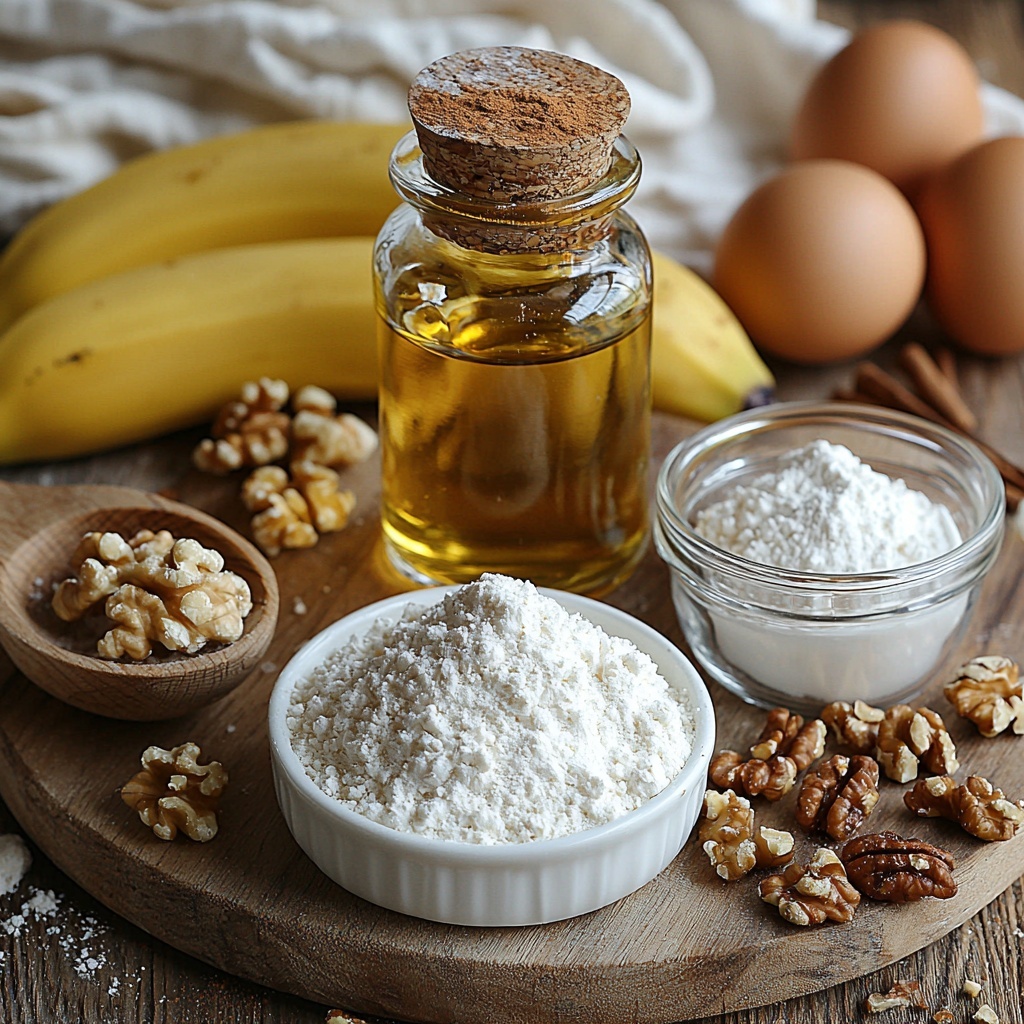 Flour (all-purpose) in a small white ceramic bowl, fine white powder texture; baking soda and kosher salt in tiny clear glass ramekins, fine white powder and coarse salt crystals; ground cinnamon in a small wooden scoop, warm brown powder; granulated sugar piled slightly in a rustic metal measuring cup, sparkling white crystals; two large brown eggs with smooth shells resting near the sugar; clear glass bowl with golden canola oil catching the light; three very ripe medium bananas — one whole and two peeled, showing soft yellow flesh with brown speckles, arranged beside each other; a small white bowl with creamy sour cream displaying a glossy texture; a glass bottle of vanilla extract with dark amber liquid inside; chopped walnuts scattered loosely on a wooden board displaying their rough, uneven texture and warm tan color; all ingredients laid out neatly on a clean, light-colored wooden surface with natural daylight casting soft, diffused shadows; subtle linen napkin folded artfully to one side; overhead shot, top down view, flat lay photography, professional food styling --ar 1:1 --q 2 --s 750 --v 6.1