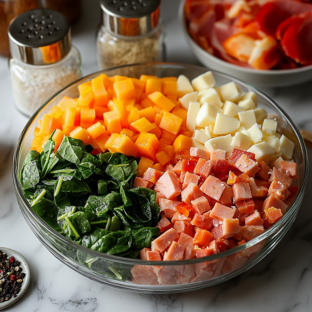 egg whites in a clear glass measuring cup showing their translucent, frothy texture; small white bowl filled with vibrant diced vegetables including bright green spinach leaves, red and yellow bell pepper cubes, and finely chopped white onions; half cup of shredded cheese with mixed colors of cheddar orange, creamy white feta crumbs, and stringy mozzarella; small plate showcasing cooked meat pieces like browned turkey slices, crispy bacon strips, and pink ham cubes arranged neatly; tiny salt and pepper shakers with metallic tops slightly scattered nearby; clean white marble surface background enhancing the fresh, colorful ingredients; soft natural lighting highlighting the textures and colors; minimal props to keep focus on freshness and variety; ingredients arranged symmetrically with balanced spacing for visual harmony, some ingredients slightly overlapping to create depth overhead shot, top down view, flat lay photography, professional food styling --ar 1:1 --q 2 --s 750 --v 6.1