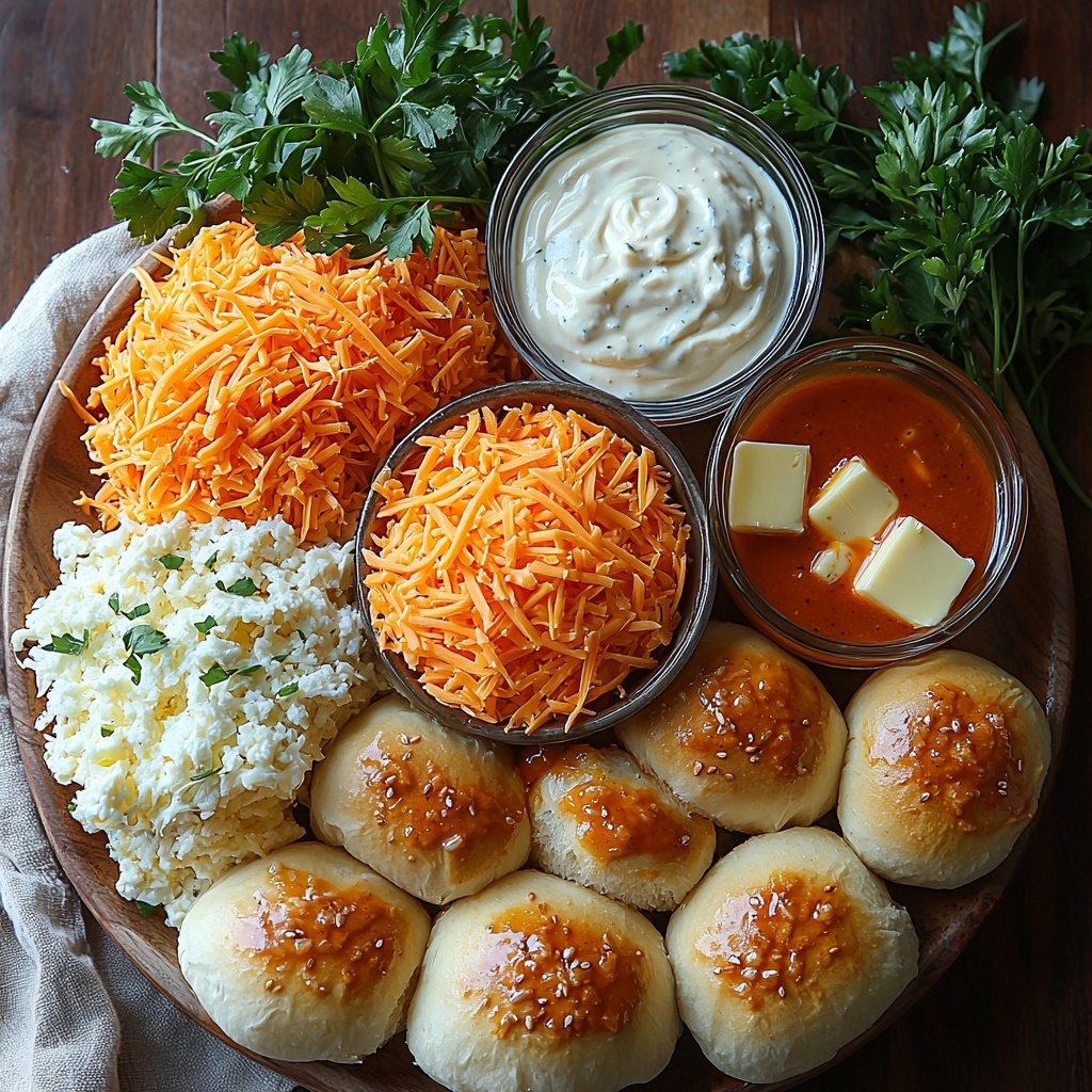 Twelve soft golden Hawaiian rolls arranged in a neat cluster, some sliced in half showing their fluffy interiors; a small rustic bowl filled with bright orange buffalo sauce, glossy and slightly thick; shredded cooked chicken piled loosely with a tender texture and light white and tan hues; a small glass bowl of creamy white ranch dressing with a smooth surface; a mound of vibrant yellow-orange shredded cheddar cheese with delicate curls and slight sheen; a small dish of melted golden butter glistening with a smooth liquid texture; little heaps of fine pale garlic powder and onion powder scattered artistically on a clean white ceramic plate; fresh chopped parsley sprigs with vivid green leaves providing a fresh contrast; all ingredients carefully spaced on a clean, simple white surface with soft natural lighting that highlights textures and colors, subtle shadows adding depth, styled with minimal rustic props like a wooden spoon and a linen napkin for warmth, emphasizing freshness and homemade comfort — overhead shot, top down view, flat lay photography, professional food styling --ar 1:1 --q 2 --s 750 --v 6.1