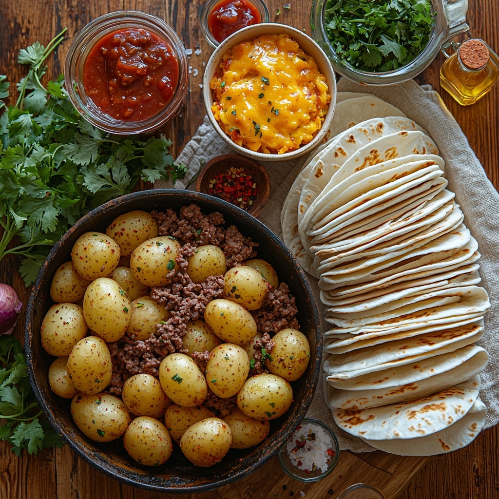 Cheesy Beef Potato Burritos ingredients carefully arranged on a clean, light wooden surface for flat lay photography: three large peeled and diced russet potatoes in a rustic ceramic bowl dusted with paprika and garlic powder, a small glass bowl of olive oil shimmering warmly, scattered individual teaspoons of paprika, garlic powder, ground black pepper, salt neatly placed in white porcelain spoons, a raw pound of ground beef in a small cast iron skillet with fresh minced garlic cloves nearby, a tiny bowl of dried cilantro, ground cumin, and chili powder in earth-toned ceramic dishes, a shallow bowl of rich, smooth nacho cheese sauce glowing bright yellow-orange, five large golden flour tortillas stacked slightly fanned out on a linen napkin, a small jar of vivid red taco sauce with a tiny spoon, all elements spaced with intentional breathing room, natural diffused daylight casting soft shadows, textures highlighted—glossy oil, sharp spices, hearty beef, fluffy flour tortillas—styled with casual elegance, fresh and appetizing vibe, delicate sprigs of fresh cilantro for a pop of green, overhead shot, top down view, flat lay photography, professional food styling --ar 1:1 --q 2 --s 750 --v 6.1