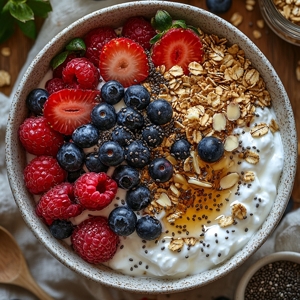 2 cups creamy Greek yogurt in a white ceramic bowl, 1 cup crunchy golden granola scattered loosely beside it, 1 cup fresh mixed berries including vibrant red strawberries, deep blue blueberries, and rich red raspberries artfully arranged in small clusters, a small glass bowl with thick amber honey showing glossy texture, a tiny dish of clear vanilla extract, 2 tablespoons black and white chia seeds sprinkled near a natural wooden spoon, ¼ cup pale sliced almonds fanned out delicately on a neutral linen cloth; all ingredients placed neatly on a clean light wood surface with soft natural light enhancing the colors and textures, subtle shadows adding depth, minimalistic props with a fresh and inviting feel, overhead shot, top down view, flat lay photography, professional food styling --ar 1:1 --q 2 --s 750 --v 6.1