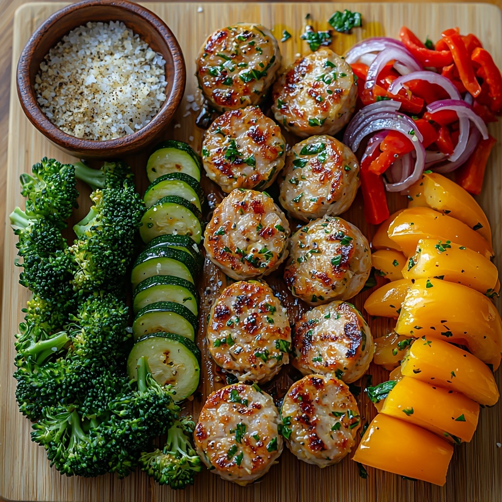 4 fully cooked chicken sausages sliced into rounds, 2 medium zucchinis sliced into rounds with vibrant green skin and pale interiors, 1 red bell pepper sliced into strips with glossy, bright red flesh, 1 yellow bell pepper sliced into strips showing a sunny yellow hue, small head of broccoli broken into dark green florets with a textured surface, 1 small red onion sliced into thin rings with purple and white layers, small bowl of golden olive oil with a slight sheen, sprinkling of coarse salt and black peppercorns, small piles of garlic powder, Italian seasoning (mixed dried herbs in green and brown tones), and smoked paprika with its deep rusty red color, optional small bowl of grated Parmesan cheese showing fine white shreds, and fresh chopped parsley with bright green leaves, all arranged neatly and spaced out on a clean light wood surface to highlight the vibrant colors and varied textures, natural soft lighting with gentle shadows to enhance dimension, minimal modern styling with a few fresh herb sprigs casually placed for freshness, overhead shot, top down view, flat lay photography, professional food styling --ar 1:1 --q 2 --s 750 --v 6.1