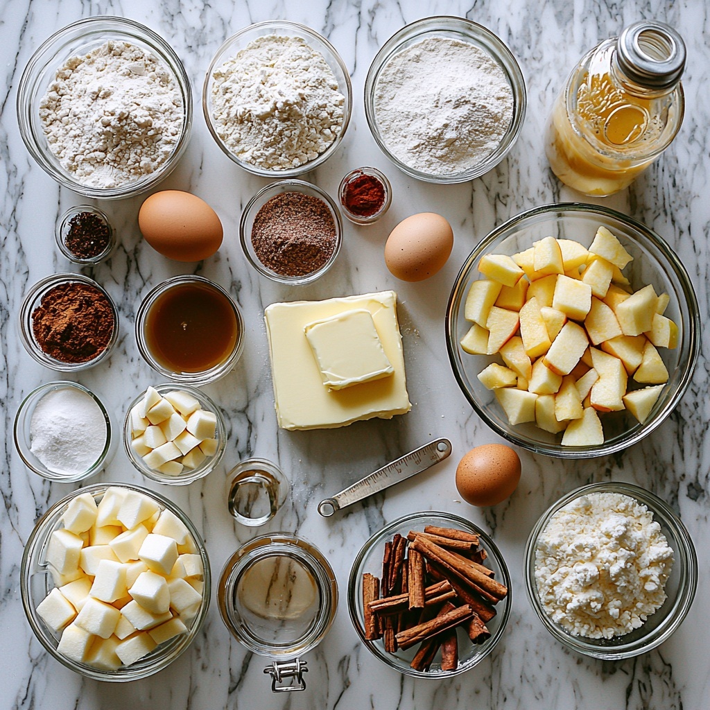 a flat lay overhead shot of ingredients for caramel apple cookies arranged neatly on a clean white marble surface: measuring cup with all-purpose flour, small bowls holding baking soda, baking powder, ground cinnamon, ground nutmeg, and salt, a slab of softened unsalted butter with a butter knife, a bowl with light and dark brown sugars, a small glass bowl of granulated sugar, one large fresh egg in an eggshell cradle, a small glass container of vanilla extract, a bowl of peeled and diced green Granny Smith apples with bright green and white tones, a small jar with glossy caramel sauce, plus a few scattered whole cinnamon sticks and a dusting of flour for texture; soft natural daylight from the side highlights the colors and textures, subtle shadows add depth, minimalist styling with clean lines and uncluttered arrangement to emphasize freshness and warmth, neutral and warm tones with pops of green and amber, elegant and inviting mood, overhead shot, top down view, flat lay photography, professional food styling --ar 1:1 --q 2 --s 750 --v 6.1
