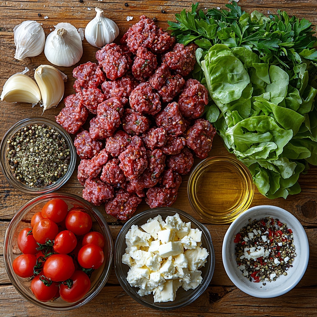A beautifully styled flat lay of Mediterranean Ground Beef Lettuce Wrap ingredients on a clean, light wooden surface: a small bowl of rich golden olive oil with a subtle sheen, a mound of raw, deep red ground beef with visible texture, finely chopped translucent white onion scattered neatly nearby, two whole garlic cloves with papery skins next to a small pile of minced garlic, small rustic white bowls holding warm-toned ground cumin, bright red paprika, and earthy dried oregano, a pinch of coarse salt and cracked black pepper grains displayed beside them, a clear glass bowl filled with vibrant red diced cherry tomatoes glistening with freshness, a small heap of finely chopped fresh green parsley with delicate leaves, a bowl of creamy crumbly white feta cheese, a fresh, crisp head of green butter lettuce or romaine leaves fanned out to show their soft, veined texture, and a small dish of bright yellow lemon juice with slight gloss. The ingredients are arranged thoughtfully with ample negative space, evoking freshness and Mediterranean simplicity, enhanced by natural soft lighting casting gentle shadows, rich in contrasting colors and textures. Overhead shot, top down view, flat lay photography, professional food styling --ar 1:1 --q 2 --s 750 --v 6.1