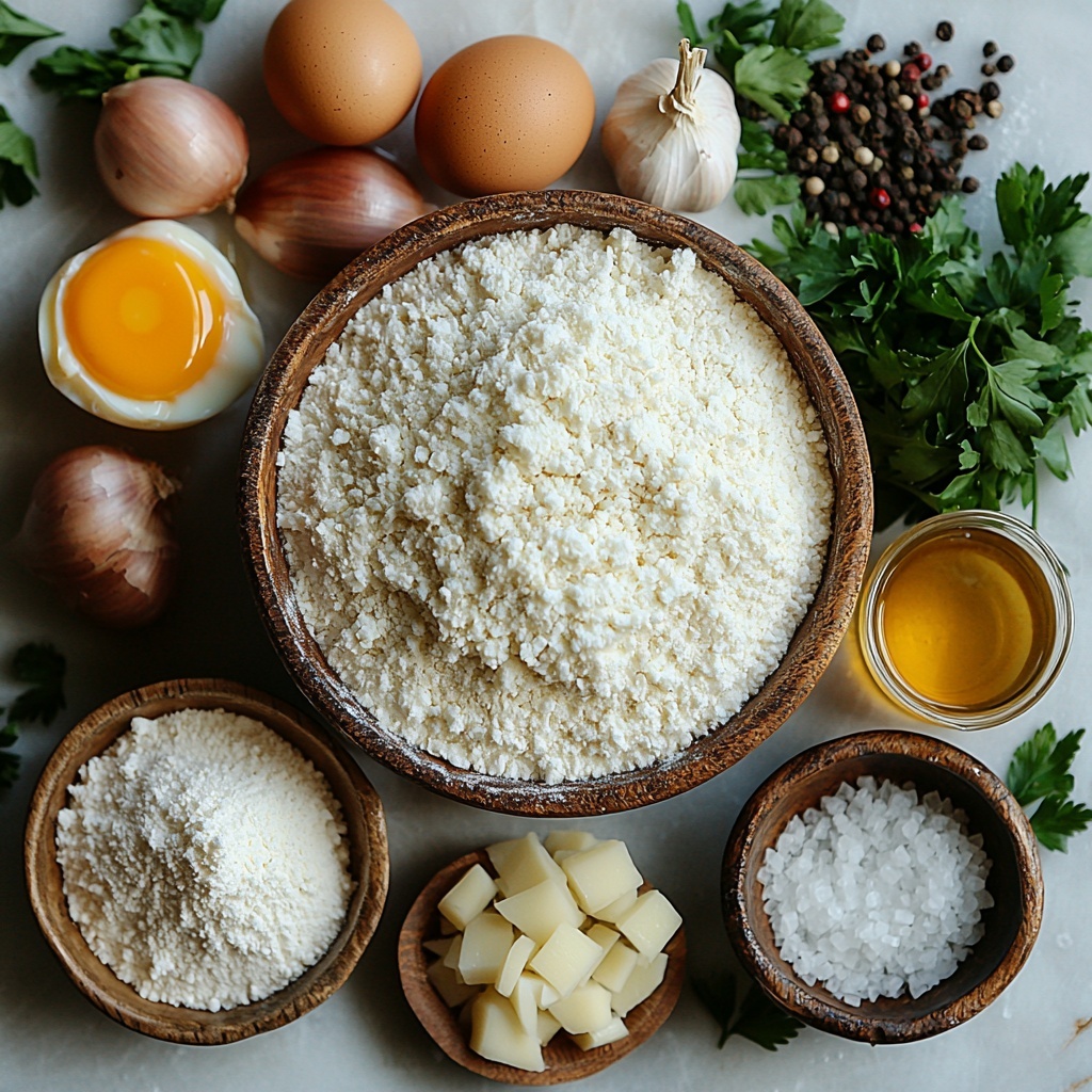 A beautifully arranged flat lay of Azerbaijani Dushbara ingredients on a clean white surface. Two cups of all-purpose flour in a clear glass bowl with a cracked large egg resting beside it, the bright yellow yolk shining. A small pile of fine salt crystals next to the bowl. A half cup of clear water in a small glass measuring cup. A bowl of raw ground lamb with a rich deep red color, next to a small white bowl holding finely grated pale onion and a sprinkle of black pepper. Two crushed garlic cloves with their papery skins nearby. A small white bowl filled with white vinegar, next to fresh vibrant green parsley or cilantro leaves scattered artfully. A rustic ceramic pot showing 5 cups of golden brown beef broth with a slight shimmer. All ingredients spaced evenly with natural light casting soft shadows, highlighting the textures of flour, meat, and herbs. Minimal use of props, focusing on clean, crisp styling for an inviting and fresh look. Overhead shot, top down view, flat lay photography, professional food styling --ar 1:1 --q 2 --s 750 --v 6.1