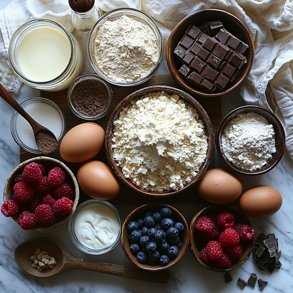A beautifully styled flat lay of all the main ingredients for a creamy luxurious black velvet cake arranged on a clean white marble surface. Included are: 2 cups all-purpose flour in a rustic ceramic bowl with a small wooden scoop, 1 3/4 cups sugar in a glass jar, 3/4 cup unsweetened cocoa powder in a dark matte bowl, 2 tsp baking powder, 1 1/2 tsp baking soda, and 1 tsp salt in small glass ramekins. Two large brown eggs cracked open beside a small bowl of buttermilk (1 cup) with a smooth, creamy texture, a clear glass measuring cup with 1/2 cup golden vegetable oil, and a small bottle of vanilla extract with a cork top. A steaming cup of hot water in a glass mug adds warmth. For the frosting ingredients: a block of soft cream cheese on a wooden board, a half cup of unsalted butter softened and slightly glossy, a bowl of fine powdered sugar with a dusting effect, a small dish of heavy cream shimmering softly, and a tiny bowl with vanilla extract. Nearby, dark chocolate shavings and fresh vibrant berries (red raspberries and blueberries) are artfully scattered. Natural soft daylight illuminates the scene, creating gentle shadows emphasizing textures—from the powdery cocoa to the creamy butter and smooth eggshells. Props include a linen napkin and wooden spoons to enhance a cozy yet elegant atmosphere. Overhead shot, top down view, flat lay photography, professional food styling --ar 1:1 --q 2 --s 750 --v 6.1