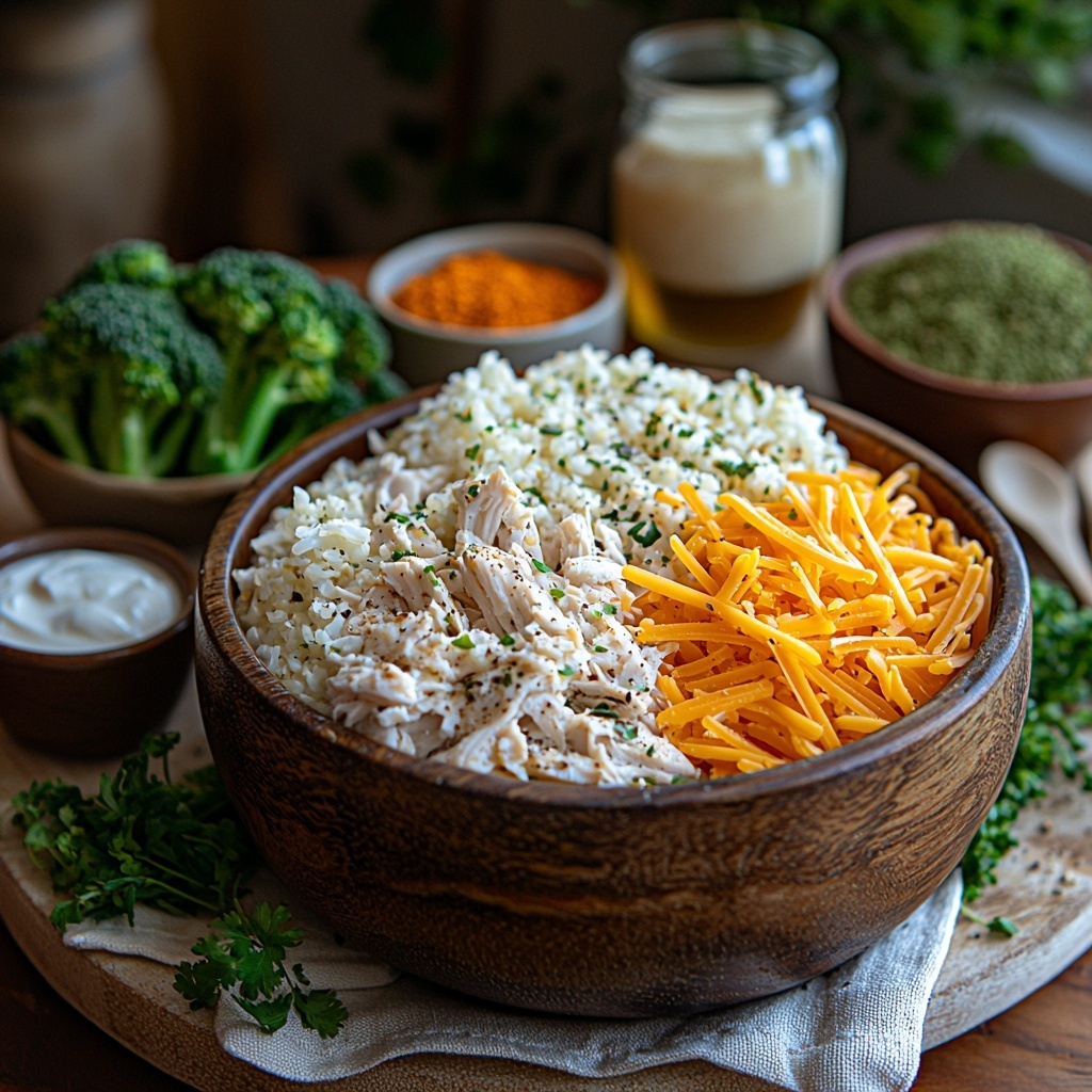 shredded cooked chicken in a rustic wooden bowl, bright green broccoli florets neatly piled next to it, fluffy white cauliflower rice spread in a small ceramic dish, a generous mound of vibrant orange shredded cheddar cheese on a clean white plate, a smooth dollop of creamy off-white softened cream cheese in a small glass ramekin, a clear glass measuring cup filled with golden chicken broth reflecting light, small bowls containing fine white garlic powder and pale beige onion powder, tiny dishes with coarse salt, cracked black pepper, and vibrant red paprika arranged artfully around, all ingredients placed on a light natural wood surface with soft natural daylight creating gentle shadows and highlighting textures, fresh and inviting, clean minimalistic styling with subtle linen napkin and simple silver measuring spoons nearby, overhead shot, top down view, flat lay photography, professional food styling --ar 1:1 --q 2 --s 750 --v 6.1