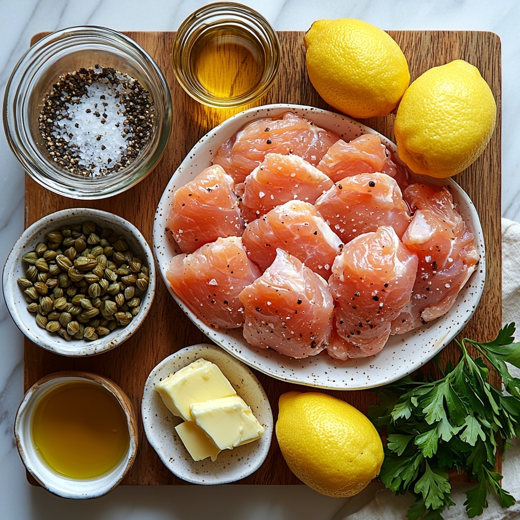 boneless skinless chicken breasts, salt and pepper in small ceramic bowls, all-purpose flour in a rustic white bowl, olive oil in a clear glass bottle, unsalted butter on a wooden butter dish, chicken broth in a small glass pitcher, fresh lemon juice shown with halved bright yellow lemons, capers in a small white ramekin, chopped fresh parsley scattered artfully on a wooden cutting board and in a small bowl; all ingredients arranged neatly on a clean white marble surface with natural daylight highlighting their vibrant colors and varied textures; subtle shadows adding depth, minimal props to keep focus on ingredients, soft neutral linen napkin to one side for warmth, overhead shot, top down view, flat lay photography, professional food styling --ar 1:1 --q 2 --s 750 --v 6.1