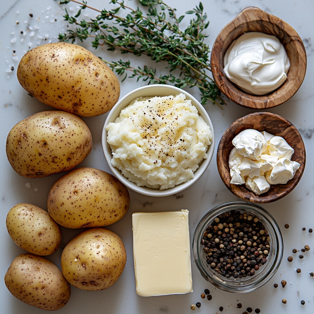 A clean white marble surface with all the main ingredients for russet mashed potato casserole neatly arranged in a balanced flat lay composition: three large, rustic russet potatoes with textured brown skin clustered on one side; a small bowl of coarse kosher salt crystals shimmering near fresh green thyme sprigs and a single glossy bay leaf; six unpeeled garlic cloves scattered naturally nearby adding an earthy touch; a vintage pat of golden unsalted butter resting on a small white dish beside a soft mound of creamy, off-white cream cheese; a clear glass measuring cup filled with warm, pale whole milk; a small wooden bowl of rich, tangy full-fat sour cream with a slightly glossy surface; freshly ground black peppercorns spilled delicately beside a small butter block of deep golden Kerrygold butter. The layout features natural light casting soft shadows, highlighting contrasting textures – from rough potato skin, smooth dairy, to aromatic herbs – and vibrant color tones of warm browns, fresh greens, and creamy whites. Minimal props, clean styling, crisp focus, and ample negative space create an inviting, fresh, and artisanal mood. Overhead shot, top down view, flat lay photography, professional food styling --ar 1:1 --q 2 --s 750 --v 6.1
