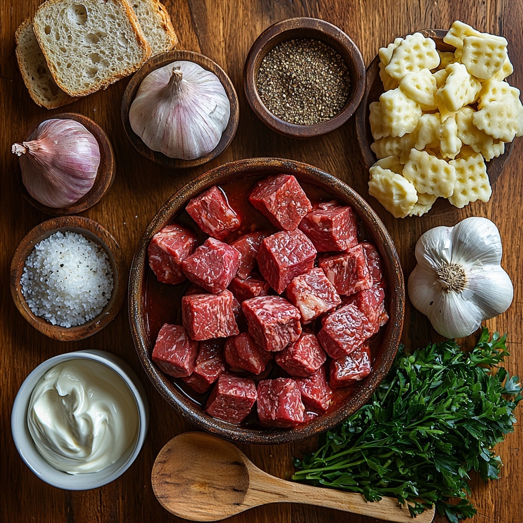 A clean, light wooden surface with all main ingredients arranged neatly for a flat lay photo: small cubes of raw beef stew meat in a rustic ceramic bowl showing deep red color and marbling; a halved large onion with white and purple layers visible alongside a pile of roughly chopped onion pieces; two whole garlic cloves next to finely minced garlic on a small white dish; a wooden spoon heaped with bright red Hungarian paprika powder; small bowls containing ground caraway seeds and dried thyme with their delicate textures visible; a clear glass measuring cup filled with rich brown beef broth; a small bowl of smooth, creamy white sour cream; a small pile of coarse sea salt crystals and freshly cracked black peppercorns scattered artistically nearby; a bunch of fresh vibrant green parsley leaves neatly trimmed; optional rustic slices of crusty bread and a small mound of spaetzle pasta with a soft pale yellow tone arranged to the side; soft natural lighting highlighting the varied textures and vibrant colors, slight shadows adding depth, composition balanced and visually inviting, minimal props, overhead shot, top down view, flat lay photography, professional food styling --ar 1:1 --q 2 --s 750 --v 6.1