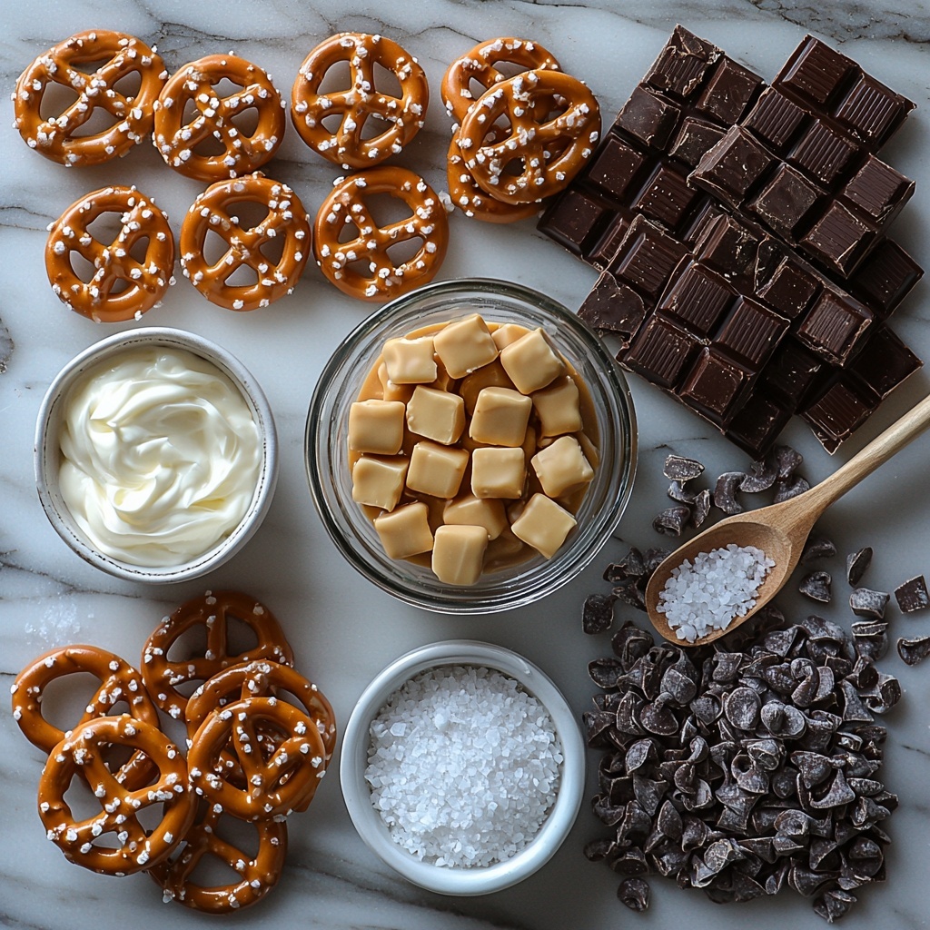 A clean white marble surface with the main ingredients neatly arranged in an aesthetically pleasing flat lay: a small pile of shiny golden mini pretzels showing their twisted, crunchy texture; a scattering of smooth, unwrapped soft caramel squares with a rich amber color; a small glass bowl filled with creamy heavy cream reflecting soft light; a white ceramic bowl overflowing with glossy dark chocolate chips, some spilling out onto the surface; a delicate wooden spoon holding flaky white sea salt crystals with a light sparkle. Soft natural light highlights the varied textures—crisp pretzels, gooey caramel, and velvety chocolate—while minimal shadows add depth. The composition is balanced with negative space around each element, styled with rustic linen napkins and warm-toned wooden accents for a cozy, inviting feel. Overhead shot, top down view, flat lay photography, professional food styling --ar 1:1 --q 2 --s 750 --v 6.1