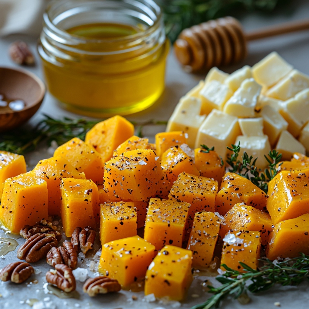 Butternut squash cubes, peeled and vibrant orange, arranged neatly on a clean white surface; small glass bowl of golden olive oil with a subtle sheen nearby; small piles of coarse salt and cracked black pepper with visible texture; creamy off-white slices and torn pieces of Brie cheese with soft, melting edges; crispy toasted pecans with deep brown tones clustered artfully; small jar of glossy hot honey infused with red chili flakes, some drizzled in a thin stream; fresh sprigs of bright green thyme and rosemary scattered delicately for garnish; natural light highlighting contrasting colors and textures, soft shadows, minimalistic rustic styling with a warm, inviting atmosphere; overhead shot, top down view, flat lay photography, professional food styling --ar 1:1 --q 2 --s 750 --v 6.1