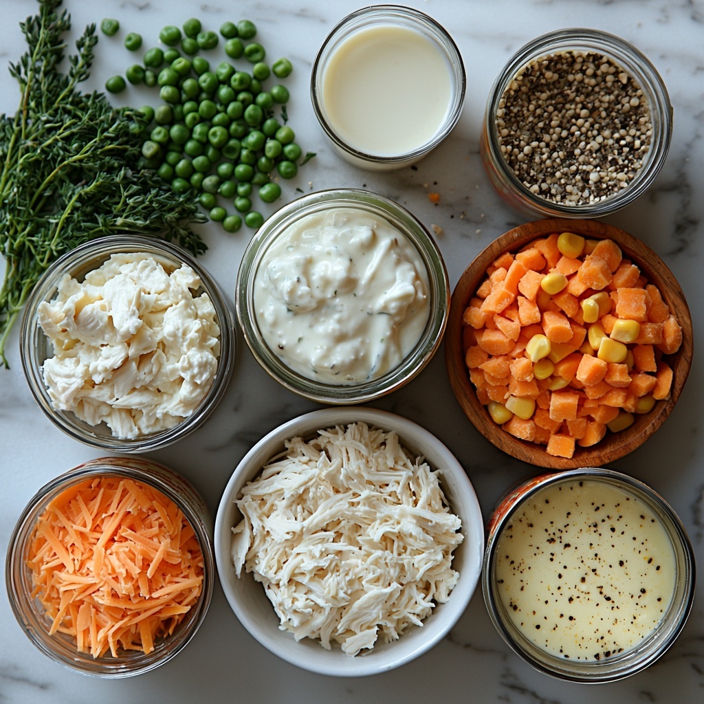 A clean white marble surface with the main ingredients for Chicken Pot Pie Casserole neatly arranged: a small bowl of shredded cooked chicken breast showing tender white meat fibers; an opened can of cream of chicken with herbs soup, creamy and pale beige with flecks of green herbs; a cup of smooth, thick sour cream in a white ceramic bowl; a small glass measuring cup with pale creamy milk; a mound of freshly shredded sharp cheddar cheese, bright orange with delicate curls; a clear bowl of colorful frozen mixed vegetables—green peas, orange carrots, yellow corn kernels—showing icy texture; small wooden spoons holding dried parsley and dried minced onion, rich green and light beige flakes respectively; salt and pepper in small glass bowls with visible crystals and cracked peppercorns; two unopened shiny cans of refrigerated biscuits with metallic labels; all items spaced evenly with gentle natural light illuminating the varied textures and vibrant, fresh colors; minimal shadows, subtle reflections on glass and metal, styled for freshness and warmth, clean and inviting composition with a crisp, bright background — overhead shot, top down view, flat lay photography, professional food styling --ar 1:1 --q 2 --s 750 --v 6.1