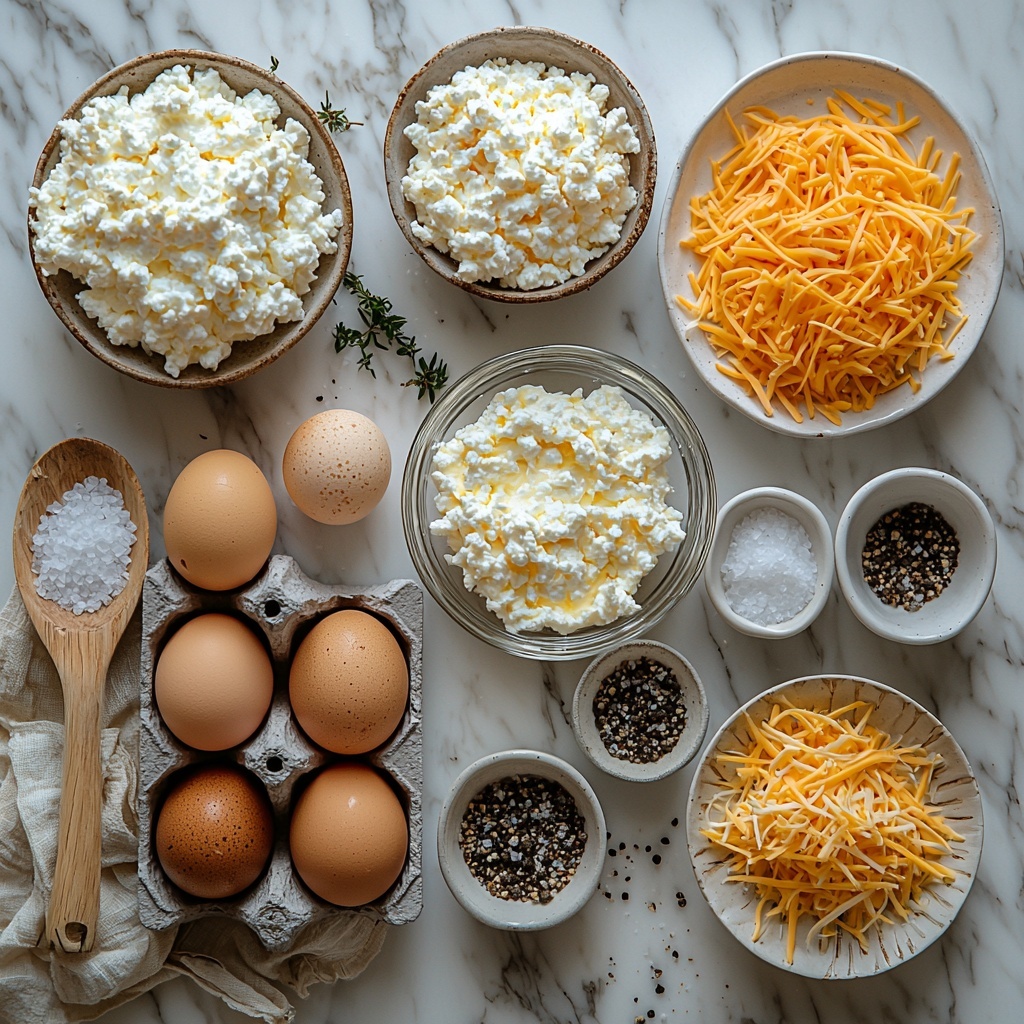 A clean white marble surface with the main ingredients for cottage cheese egg bites neatly arranged: 8 large brown eggs in a small cluster, a clear glass bowl filled with smooth, creamy white cottage cheese, a small white bowl heaped with shredded golden-orange cheddar cheese, a tiny vintage silver spoon resting next to two small white ceramic bowls containing fine sea salt and freshly ground black pepper. The ingredients are spaced evenly with natural soft lighting highlighting the contrasting textures—the smooth eggshells, the fluffy curds of the cottage cheese, and the finely shredded cheese strands. Minimalist props like a pale wooden spoon and a folded linen napkin in soft beige accent the scene. Shadows are gentle, enhancing an inviting, fresh kitchen atmosphere. Overhead shot, top down view, flat lay photography, professional food styling --ar 1:1 --q 2 --s 750 --v 6.1