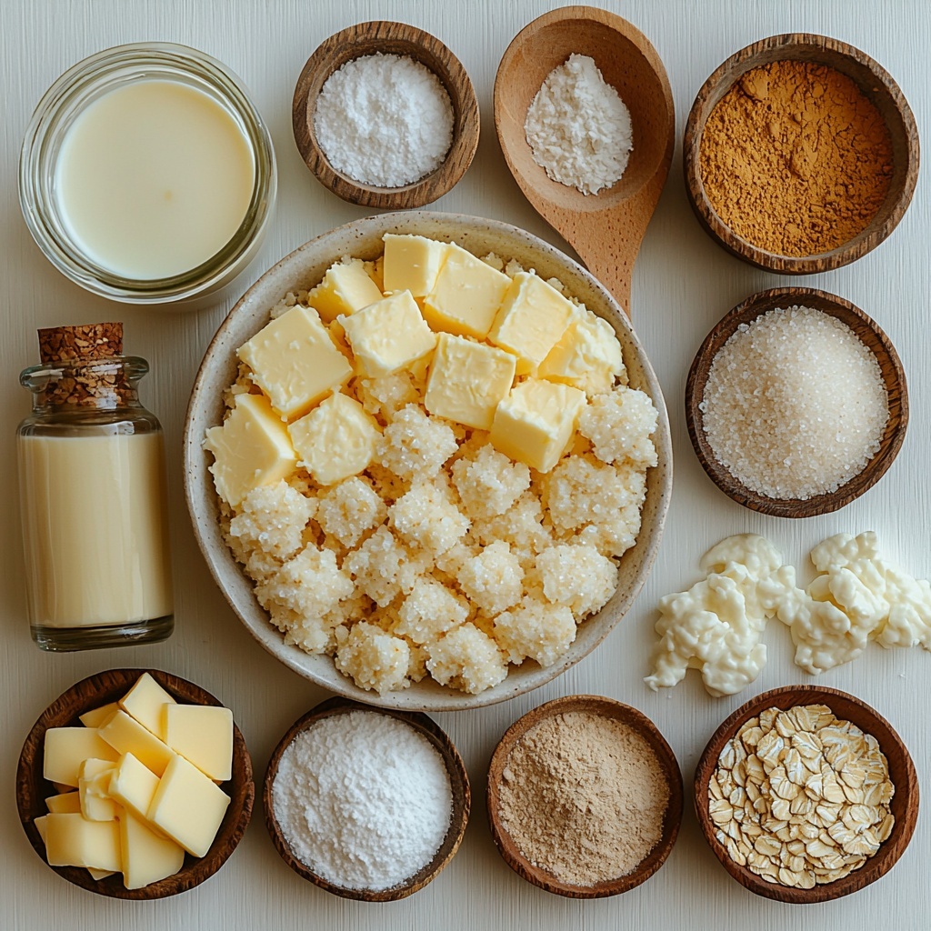 pumpkin no bake cookie ingredients arranged flat lay on a clean white surface: ¾ cup unsalted butter in a small clear glass bowl showing smooth pale yellow texture, 2 cups granulated white sugar heaped in a rustic ceramic bowl, ⅔ cup milk in a small glass measuring cup with subtle creamy white reflection, 1 teaspoon vanilla extract in a tiny amber glass bottle, ¼ cup powdered vanilla coffee creamer in a delicate white porcelain dish, 1 box instant pumpkin spice pudding mix with vibrant orange and brown packaging next to loose fine powder sprinkled tastefully, 1/8 teaspoon salt in a tiny wooden scoop with coarse white grains visible, ¼ teaspoon pumpkin pie spice with warm reddish-brown powder in a small earthenware bowl, 4 cups 1-minute oatmeal loosely spread with coarse flaky texture, all ingredients spaced neatly with natural light casting soft shadows, gentle autumnal color palette emphasizing warm oranges, browns, creamy whites, and soft yellows, minimal rustic props like a linen napkin and wooden spoons to enhance cozy feel, overhead shot, top down view, flat lay photography, professional food styling --ar 1:1 --q 2 --s 750 --v 6.1
