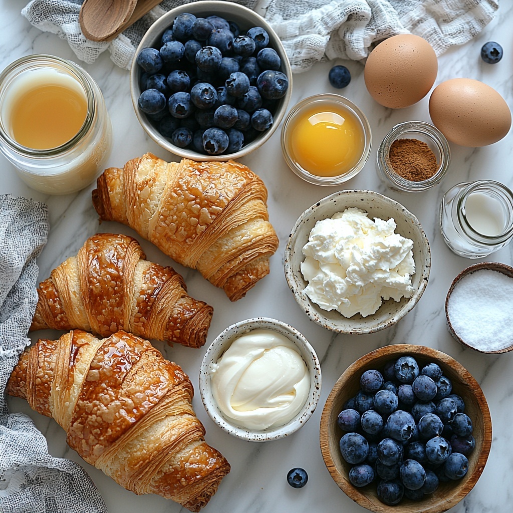 croissants torn into large chunks with flaky golden crusts, fresh and frozen blueberries scattered in small rustic bowls and loose on the surface, smooth softened cream cheese in a small white bowl, glass measuring cups with granulated sugar, a small jar of vanilla extract, whole eggs cracked to reveal rich yolks in a delicate ceramic dish, a glass jug of whole milk, a small bowl of heavy cream, a tiny bowl with ground cinnamon powder, a pinch of salt in a miniature dish, powdered sugar sieve with fine white dust, a drizzle bottle of maple syrup, all carefully arranged on a bright, clean white marble surface that highlights natural textures and colors; natural daylight with soft shadows, subtle rustic props like a linen napkin and wooden spoon included for warmth and depth, focus on vibrant contrasts between golden croissants, deep blue berries, and creamy white dairy elements, styled in an inviting, balanced composition -- overhead shot, top down view, flat lay photography, professional food styling --ar 1:1 --q 2 --s 750 --v 6.1