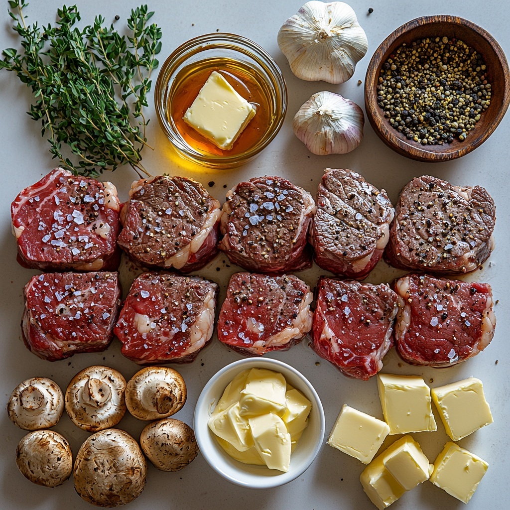 A clean white surface laid out with all main ingredients for steak with bourbon garlic cream sauce: two raw ribeye steaks marbled rich red with creamy white fat edges, sprinkled lightly with coarse sea salt and cracked black pepper; three peeled garlic cloves, one finely minced in a small white bowl; two tablespoons of golden yellow butter shaped in a small cube; a clear glass measuring cup filled with amber bourbon; a small white bowl of thick heavy cream, pristine and smooth; optional elements including a handful of sliced brown mushrooms with subtle earthy tones, a small spoonful of pale yellow Dijon mustard, and a rustic wooden bowl of crushed black peppercorns. The ingredients are thoughtfully spaced to show varied textures: the marbled steak’s sheen, creamy butter softness, translucent garlic pieces, and glossy cream surface. Minimal shadows, natural daylight from the side casting gentle highlights, with sprigs of fresh green herbs off to one side for a pop of color. Overhead shot, top down view, flat lay photography, professional food styling --ar 1:1 --q 2 --s 750 --v 6.1