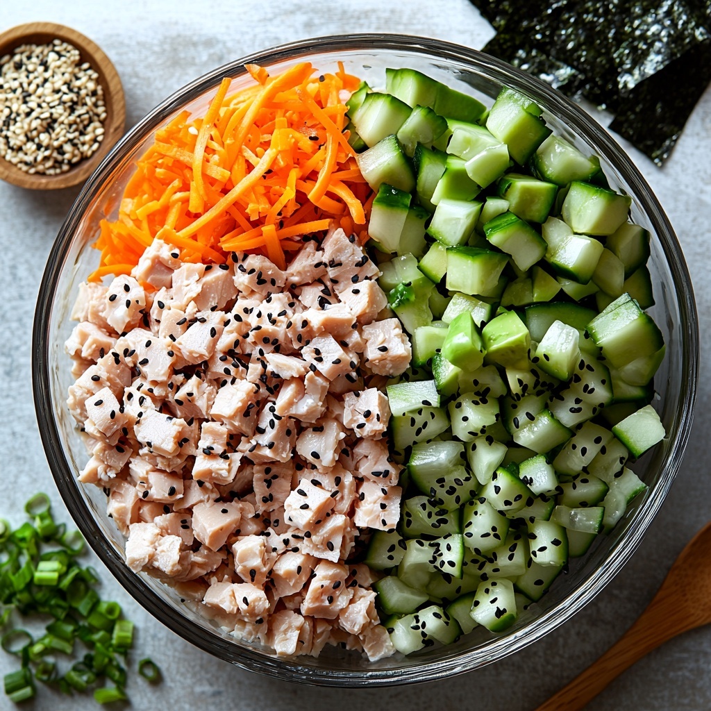 white or brown cooked rice in a neat small bowl, flaked tuna mixed with soy sauce, sesame oil, rice vinegar, and sriracha in a glass dish, diced ripe avocado showing creamy green chunks, bright shredded orange carrots in a small pile, crisp diced cucumber with pale green and white tones arranged in a tiny heap, thinly sliced vibrant green onions scattered nearby, small wooden spoon holding glossy black sesame seeds, delicate dark green nori strips or seaweed snacks laid artistically to the side, ingredients placed on a clean white matte surface with soft natural light highlighting textures and fresh colors, minimal shadows, balanced composition emphasizing freshness and nourishment, soft focus background with all elements sharply detailed, overhead shot, top down view, flat lay photography, professional food styling --ar 1:1 --q 2 --s 750 --v 6.1