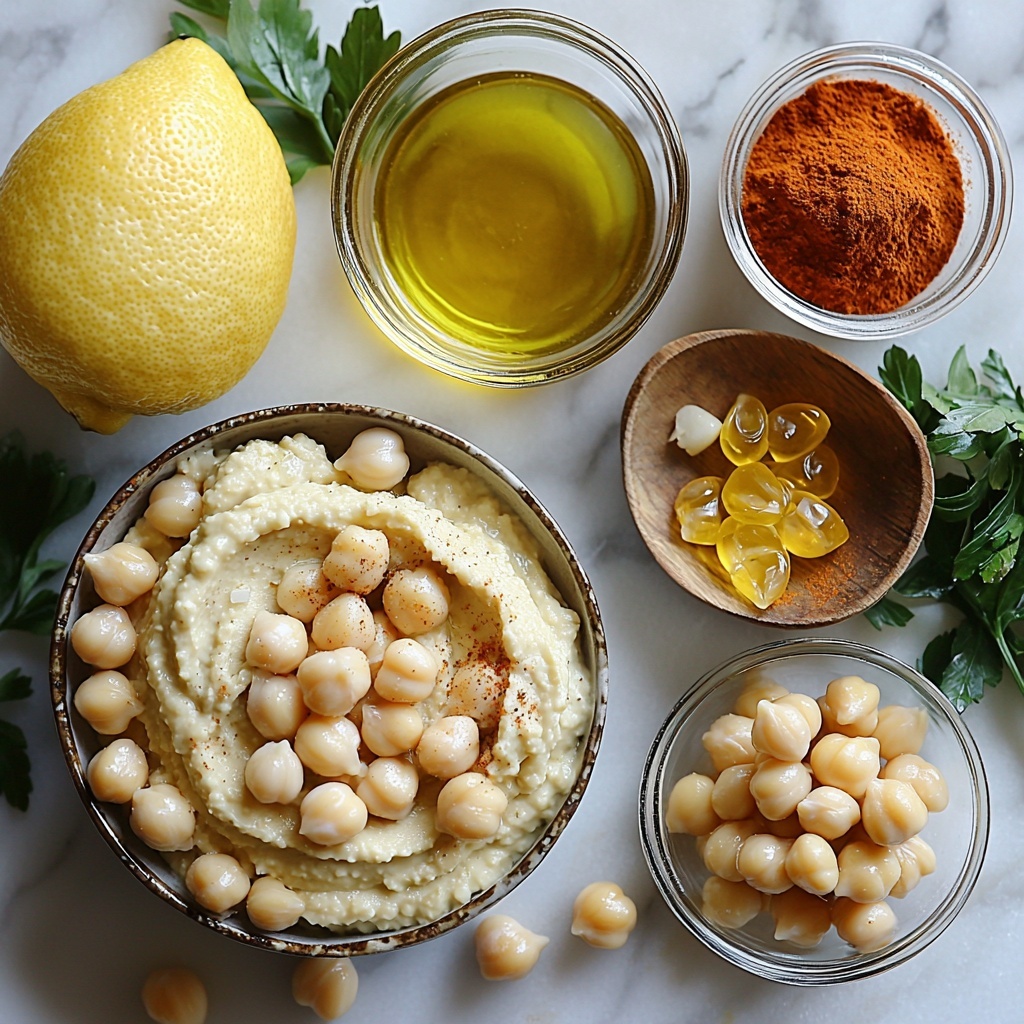 A clean white marble surface with a neat arrangement of ingredients for classic hummus: a small bowl of plump, beige chickpeas; a smooth, creamy swirl of pale beige tahini in a glass jar; a bright yellow lemon cut in half showing juicy flesh; two peeled garlic cloves and some minced garlic displayed on a small white dish; a small glass bowl with vibrant golden olive oil; a tiny heap of fine white salt; a small pile of warm brown ground cumin powder; a clear glass bowl with a few tablespoons of water; a small ramekin with deep red paprika powder; and a small drizzle of olive oil artfully pooled beside the spices. Soft natural light highlights the varying textures and subtle colors, with minimal shadows, arranged symmetrically and spaced evenly on the surface. Freshness and simplicity emphasized with rustic but elegant props like wooden spoons and a linen napkin nearby. Overhead shot, top down view, flat lay photography, professional food styling --ar 1:1 --q 2 --s 750 --v 6.1