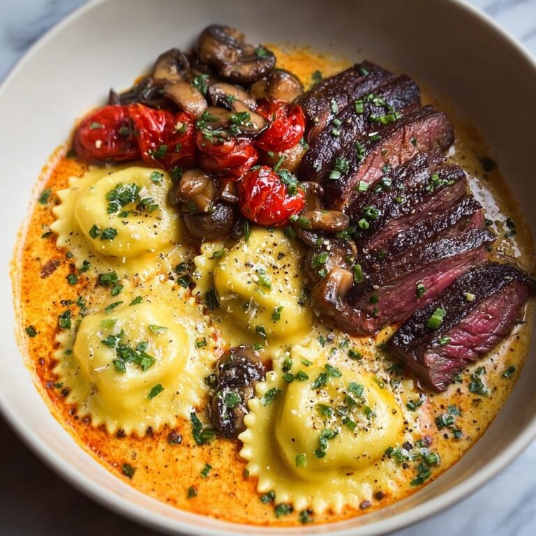 Creamy Tomato Mushroom Ravioli with Seared Steak Recipe