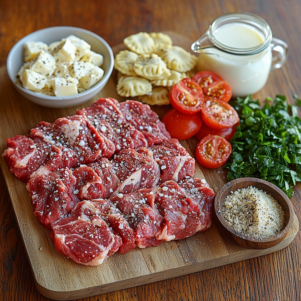 Twelve to fourteen ounces of raw beef steak (sirloin or ribeye), marbled with red and white fat, placed on one side; nearby, a small bowl of golden olive oil, a sprinkle of coarse salt crystals, and a few dusty black peppercorns scattered loosely. Fresh green onions sliced finely in a small pile, bright and vibrant. Cheese-filled ravioli arranged in a neat group, their smooth pale yellow dough contrasting with the folded edges. A pat of butter or a small dish of olive oil with a slight sheen. A bowl of crushed deep red tomatoes with visible seeds and pulp, next to a small pouring jug of creamy off-white heavy cream. Fresh, earthy sliced mushrooms with a slightly rough texture, next to a diced medium bell pepper in bright red and yellow hues, and diced green zucchini cubes. Two garlic cloves minced finely, bright white with subtle translucence. A small heap of crushed red pepper flakes, deep red and coarse. Fresh chopped parsley, bright green and leafy. Grated Parmesan cheese, fine and snowy white in a small bowl with a few loose sprinkles nearby. All ingredients thoughtfully arranged on a clean, light wooden surface with soft natural lighting, shadows delicate, highlighting textures and fresh colors. Overhead shot, top down view, flat lay photography, professional food styling --ar 1:1 --q 2 --s 750 --v 6.1