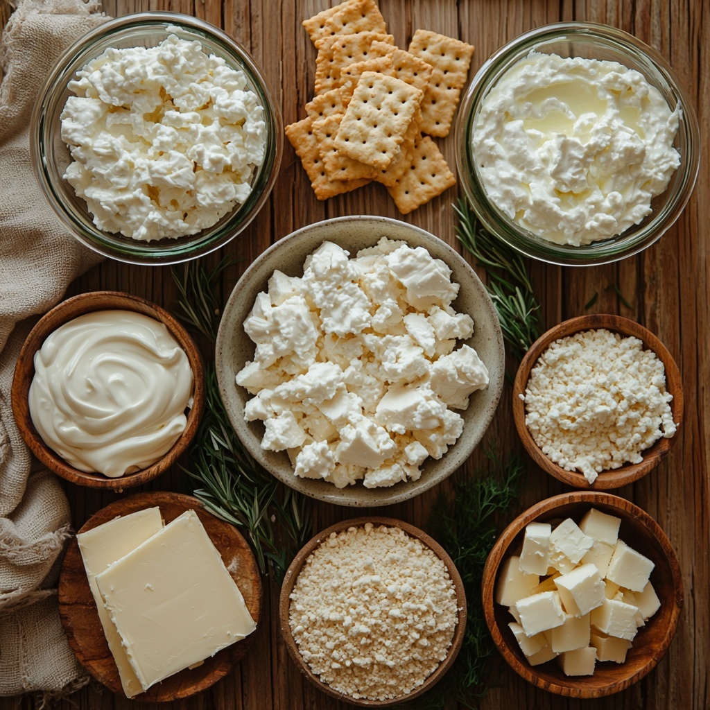 A clean, light wooden surface with all the main ingredients for a Million Dollar Chicken Casserole arranged thoughtfully in a flat lay style. In one area, a bowl of chopped cooked chicken showcasing tender white and golden pieces. Nearby, a smooth, creamy block of room temperature cream cheese next to a small bowl of fluffy, white cottage cheese with its slightly grainy texture visible. A separate small bowl holds thick, glossy sour cream, pure white in color. Adjacent is a can of cream of chicken soup with a creamy, velvety texture spilling slightly over the edge of a bowl, pale beige in tone. Next to these, small glass dishes contain golden melted butter with shiny, reflective surfaces, and a heap of crushed Ritz crackers with a warm, buttery orange hue and fine crumbly texture. Two tiny dishes hold fine white garlic powder and light tan dried onion powder, their powders delicately mounded. The ingredients are spaced evenly with natural light casting soft shadows, highlighting the contrast between smooth, creamy textures and crumbly crackers. Simple, neutral props like a linen napkin in soft beige and a wooden spoon add rustic charm without clutter. The composition feels clean, inviting, and organized, emphasizing the rich, comforting colors and textures of the casserole ingredients. overhead shot, top down view, flat lay photography, professional food styling --ar 1:1 --q 2 --s 750 --v 6.1