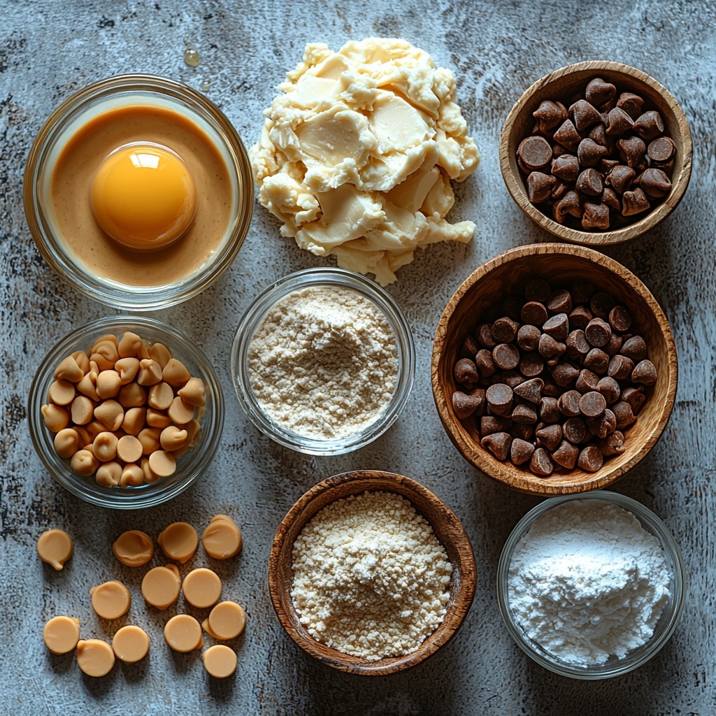 Creamy peanut butter in a small glass bowl, smooth and glossy texture, next to a heap of shiny golden butterscotch chips spilling slightly onto the clean surface. Softened unsalted butter portioned on a wooden butter paddle, pale yellow and creamy. A rustic ceramic bowl containing light brown, fluffy brown sugar with a wooden spoon. One large fresh egg with smooth shell resting near a small glass dish of clear vanilla extract. A neat pile of all-purpose flour, soft and powdery white, alongside a small heap of fine white granulated sugar for rolling, both on crisp white parchment paper. A small mound of light brown cookie dough, slightly sticky and soft texture. Separate small bowls with baking soda and salt, fine powders arranged artfully. All ingredients arranged evenly spaced on a clean, light neutral-toned surface, natural soft daylight illuminating from top left, subtle shadows adding depth, minimal props, emphasizing textures and warm earthy tones. Overhead shot, top down view, flat lay photography, professional food styling --ar 1:1 --q 2 --s 750 --v 6.1