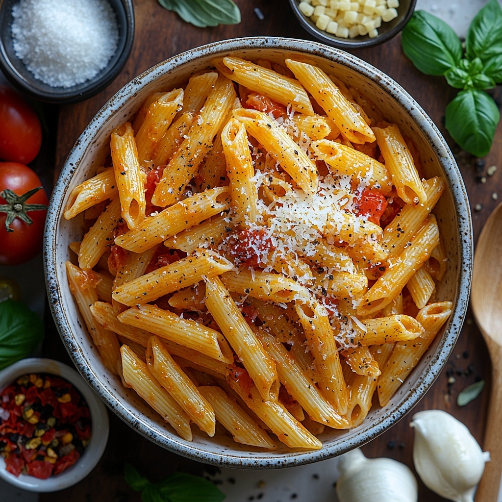 Twelve ounces uncooked penne pasta scattered loosely in a small rustic white bowl, bright red crushed tomatoes in an open can with visible texture, a small glass bowl of golden olive oil shimmering under light, several peeled garlic cloves alongside finely chopped garlic on a wooden cutting board, a tiny ceramic dish containing vibrant red crushed red pepper flakes, a small heap of dried oregano and a pinch of coarse salt and freshly ground black pepper neatly arranged on white ceramic spoons, a small mound of granulated white sugar in a delicate glass bowl, fresh bright green basil leaves and a small pile of finely chopped basil on dark parchment paper, a small bowl filled with finely grated pale yellow Parmesan cheese, and another bowl with soft, shredded white mozzarella cheese loosely piled, all placed on a clean, matte white surface with natural soft daylight casting gentle shadows, subtle rustic props like a wooden spoon and linen napkin partially in frame, colors vivid and textures distinct, creating an inviting and harmonious palette that showcases freshness and simplicity, overhead shot, top down view, flat lay photography, professional food styling --ar 1:1 --q 2 --s 750 --v 6.1