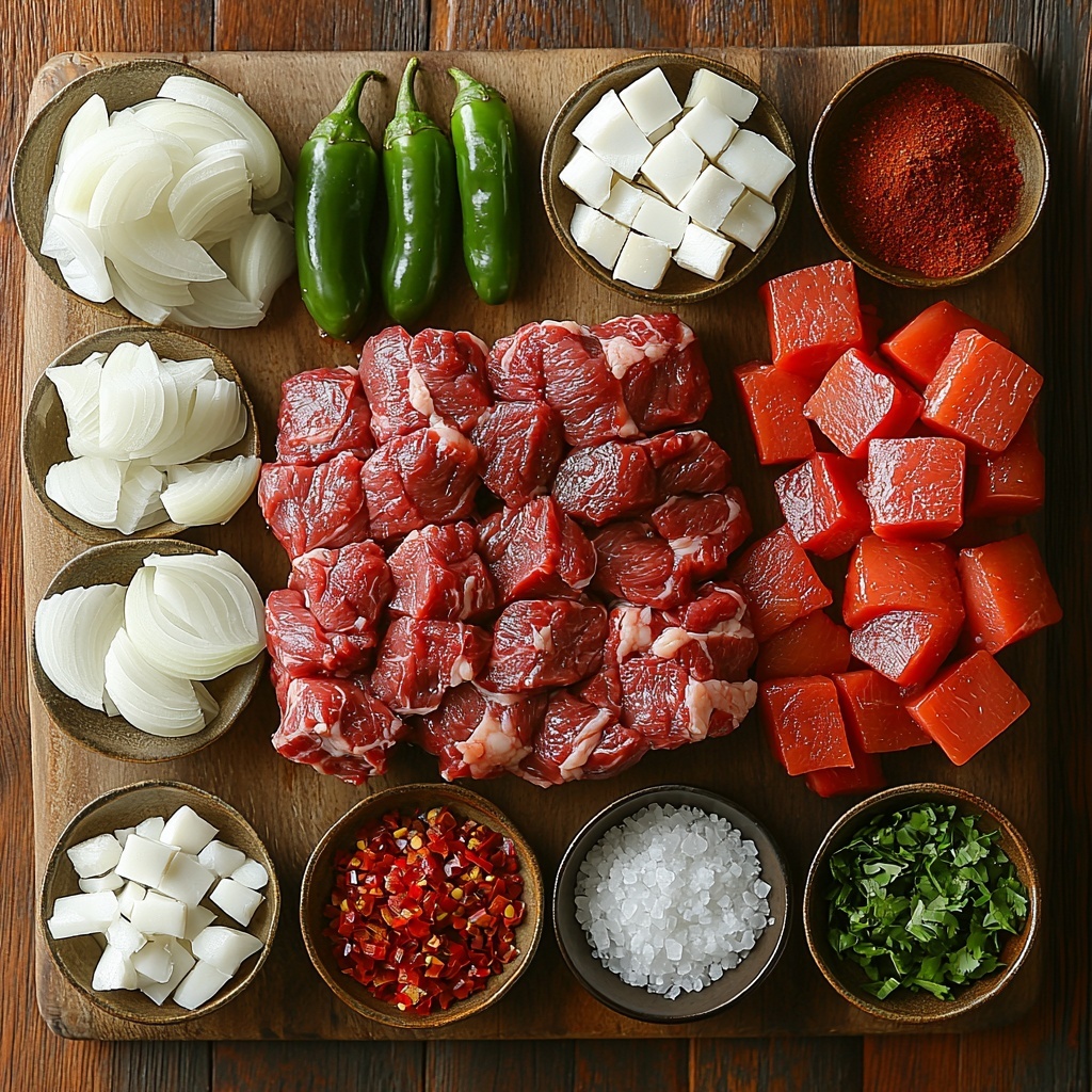a clean, light wooden surface with the main ingredients for barbacoa beef neatly arranged in a balanced flat lay composition: a large raw beef roast with rich marbled red and white fat textures placed prominently in the center-left; a small pile of chopped white and slightly translucent onion pieces in a rustic ceramic bowl nearby; a cluster of 4 deep reddish-brown chipotle chilies in adobo sauce glistening with a glossy texture beside 3 fresh green jalapeños, sliced and whole, adding vibrant contrast; small rustic bowls containing warm reddish-brown chili powder, golden-brown ground cumin, coarse white salt crystals, and freshly cracked black peppercorns scattered artfully around; a 14.5 ounce metal can of beef broth with a slightly shiny metallic surface placed off to one side; scattered fresh green herb sprigs for a hint of freshness; soft natural daylight creating gentle shadows emphasizing textures; minimalistic styling with some textural contrast from linen napkin edges peeking in; overall warm tones with a pop of red, green, and earthy browns; overhead shot, top down view, flat lay photography, professional food styling --ar 1:1 --q 2 --s 750 --v 6.1