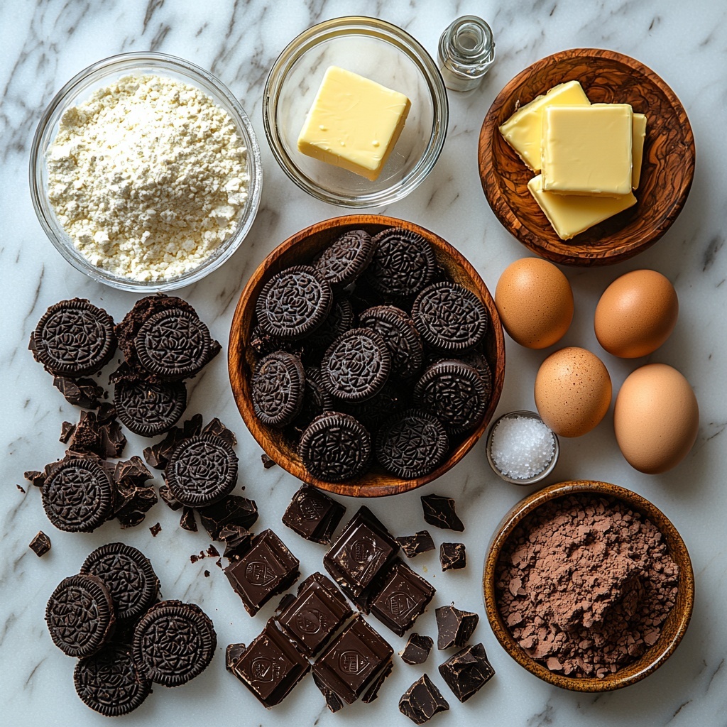 A clean white marble surface with all the Oreo Brownies ingredients neatly arranged for flat lay photography: a small pat of glossy, golden salted butter next to a glass bowl filled with sparkling white granulated sugar, a clear measuring cup with golden canola oil, a small amber bottle of vanilla extract, five fresh large brown eggs with a slight matte texture arranged in a neat line, a wooden bowl holding soft white all-purpose flour, two small bowls—one with rich dark unsweetened cocoa powder and the other with velvety black cocoa powder, a tiny dish of fine white salt, a pile of roughly chopped shiny milk chocolate chunks showcasing creamy swirls, and a stack of whole Double Stuf Oreos with some halved and chopped pieces scattered artfully nearby. Soft natural light highlights the contrasting textures—the smoothness of butter, granular sugar, powdery cocoa, and the crisp textures of the cookies. Subtle shadows add depth, while rustic wooden spoons and a clean metal sifter lie casually arranged to enhance the baking vibe. Overhead shot, top down view, flat lay photography, professional food styling --ar 1:1 --q 2 --s 750 --v 6.1