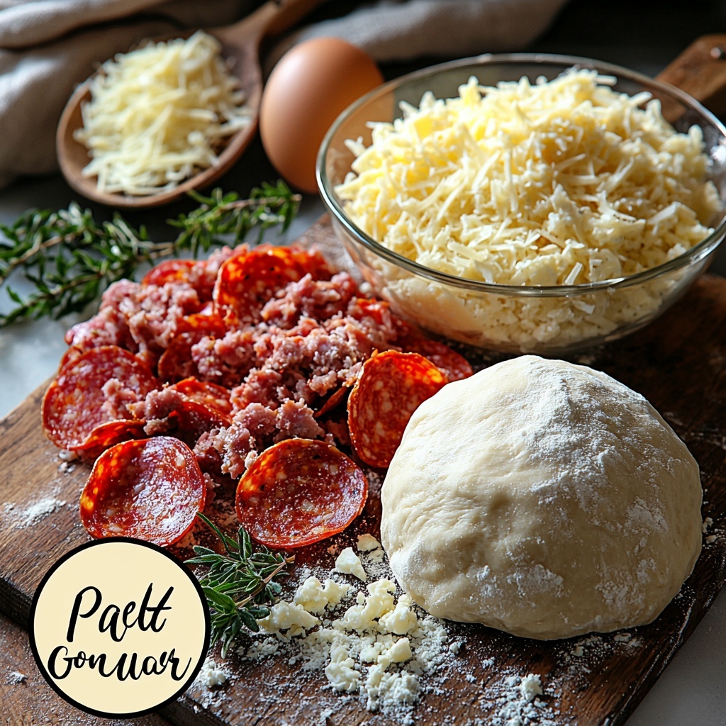 pizza dough ball dusted with flour, shredded mozzarella cheese in a small white bowl showing soft, creamy texture, bright red pepperoni slices neatly fanned out, crumbled cooked sausage pieces with a golden-brown crust, fine grated Parmesan cheese scattered lightly on a rustic wooden board, small wooden spoon holding aromatic green Italian seasoning herbs, a clear glass bowl with a beaten glossy egg, all ingredients artfully arranged on a clean white marble surface with natural soft daylight highlighting textures and vibrant colors, rustic linen napkin partially visible for cozy contrast, minimal shadows, slight overhead angle emphasizing ingredient freshness and preparation process, overhead shot, top down view, flat lay photography, professional food styling --ar 1:1 --q 2 --s 750 --v 6.1